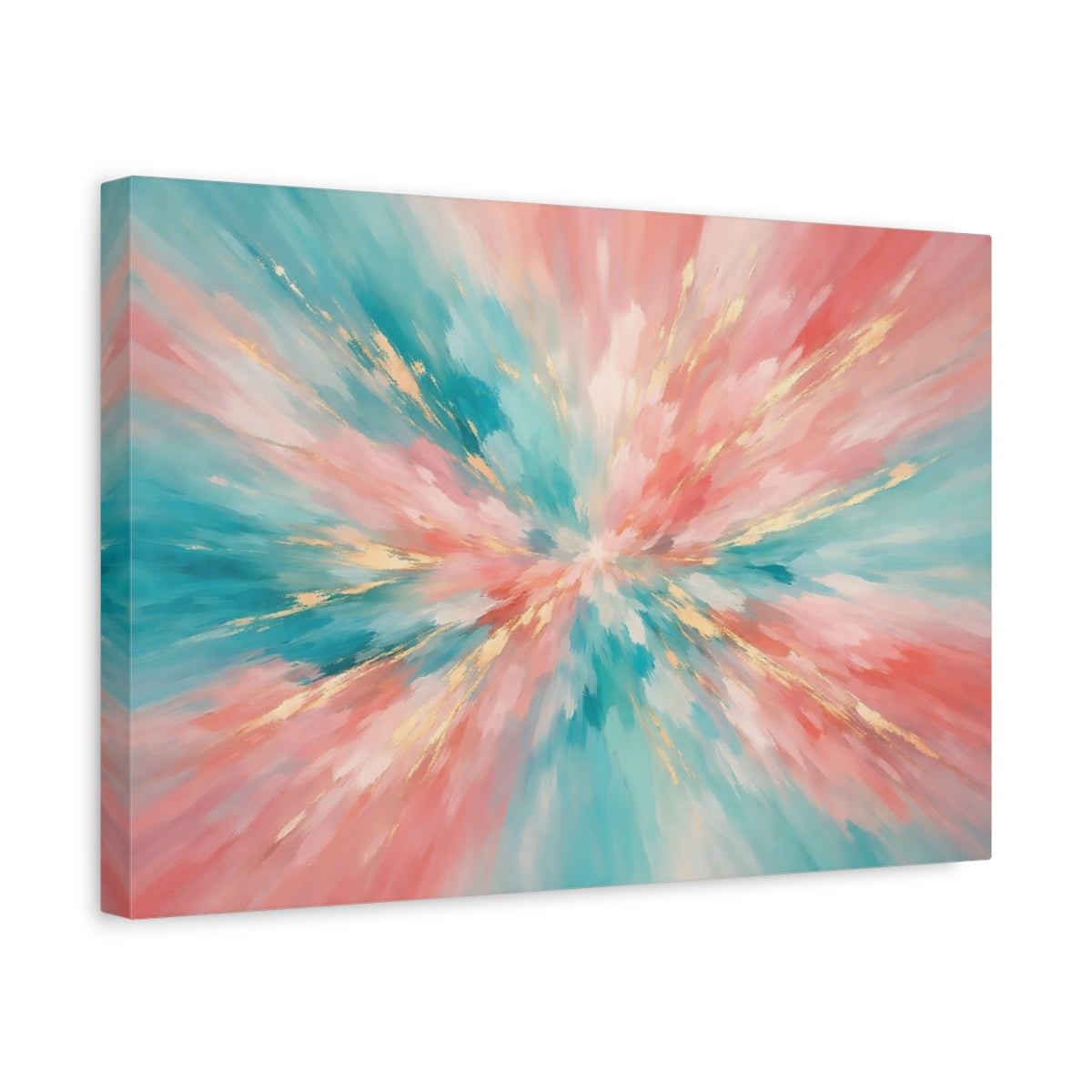 Side Mockup 4. Abstract Abstract Burst Teal Pink Gold Abstract shown as stretched canvas wall art