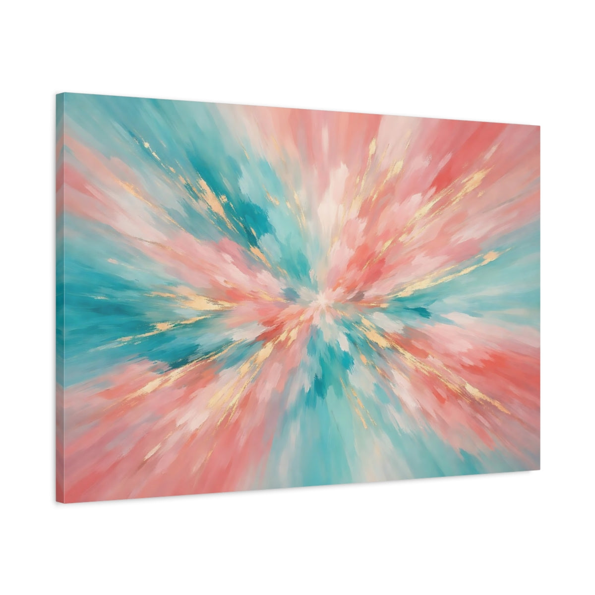 Side Mockup 1. Abstract Abstract Burst Teal Pink Gold Abstract shown as stretched canvas wall art