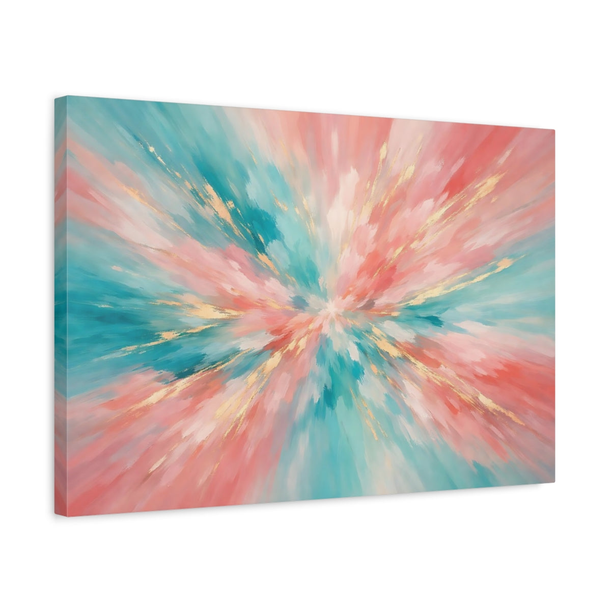 Side Mockup 3. Abstract Abstract Burst Teal Pink Gold Abstract shown as stretched canvas wall art