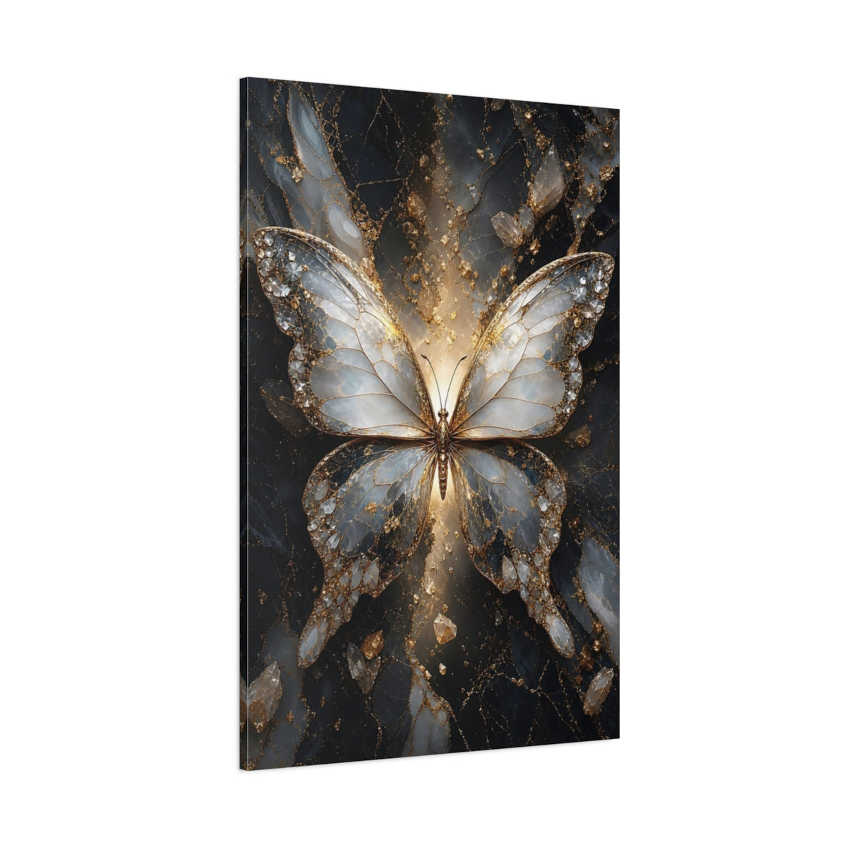 Side Mockup 1. Abstract Butterfly Gold And Gray shown as stretched canvas wall art