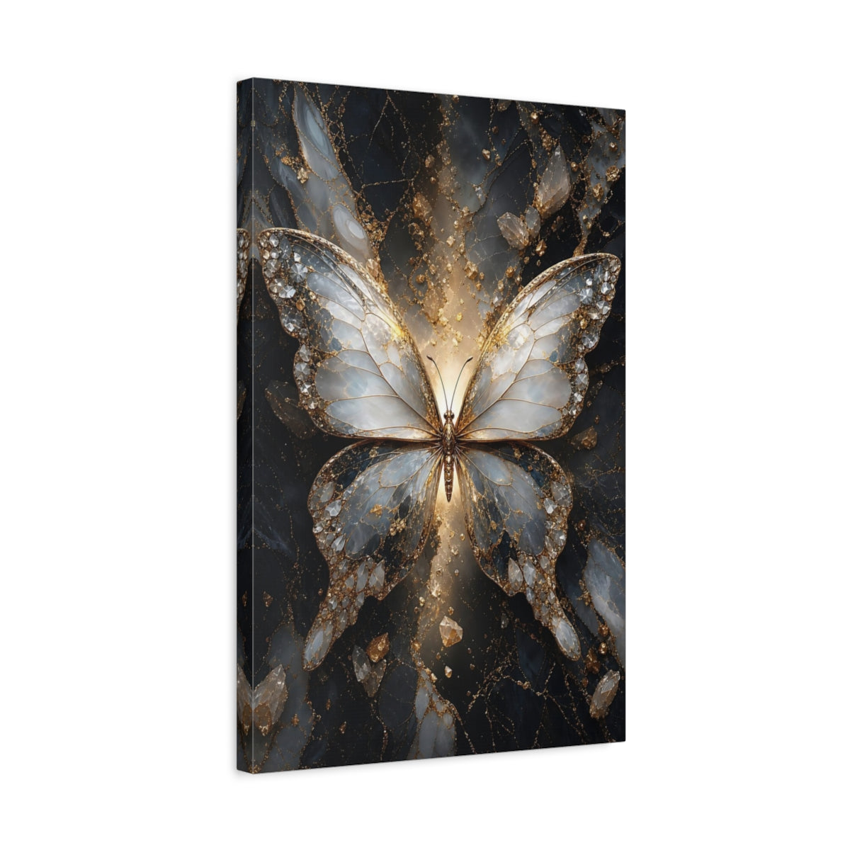 Side Mockup 3. Abstract Butterfly Gold And Gray shown as stretched canvas wall art