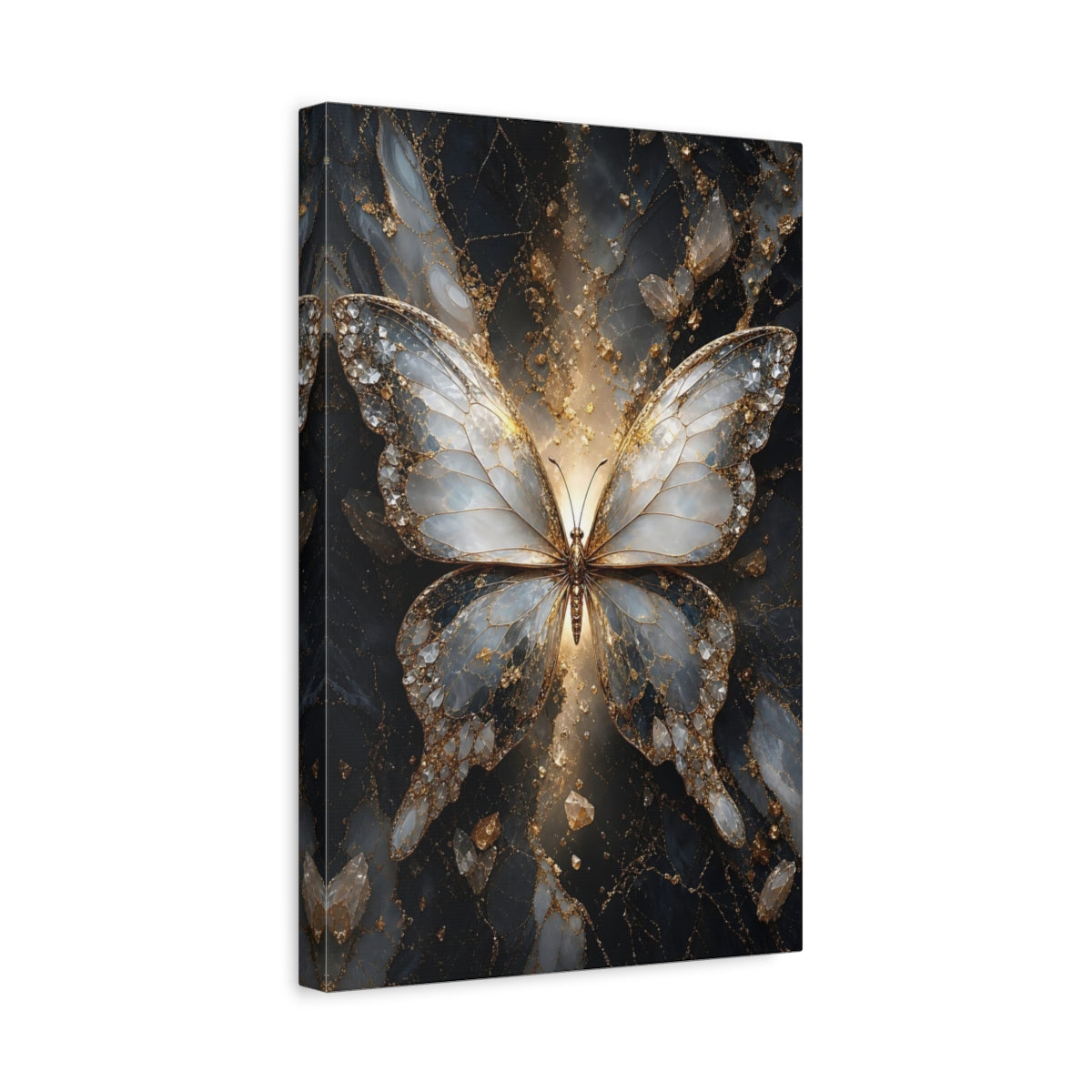 Side Mockup 4. Abstract Butterfly Gold And Gray shown as stretched canvas wall art