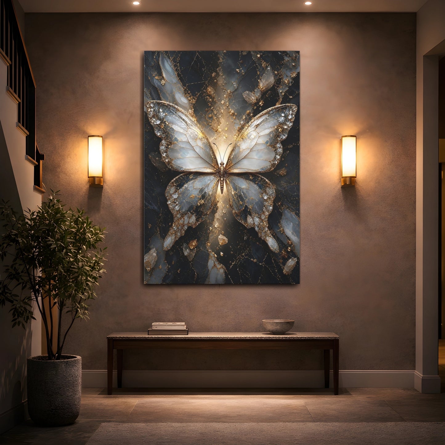 Mockup 2. Abstract Butterfly Gold And Gray shown as stretched canvas wall art