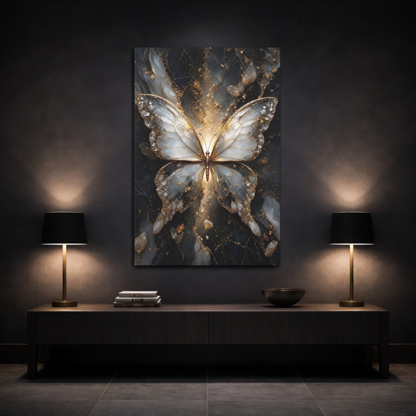 Mockup 3. Abstract Butterfly Gold And Gray shown as stretched canvas wall art
