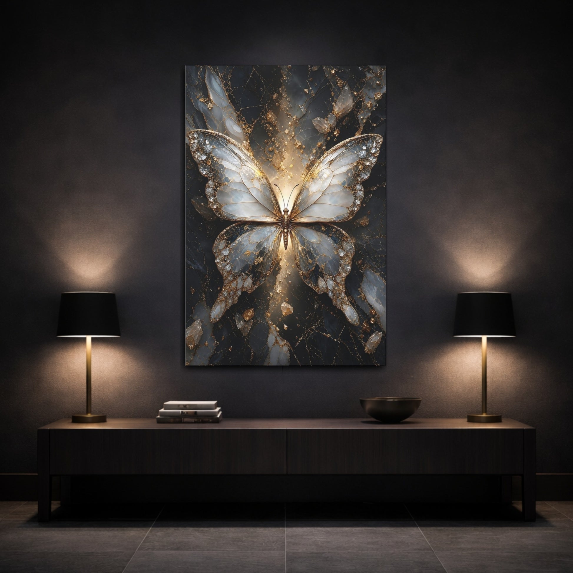 Mockup 3. Abstract Butterfly Gold And Gray shown as stretched canvas wall art