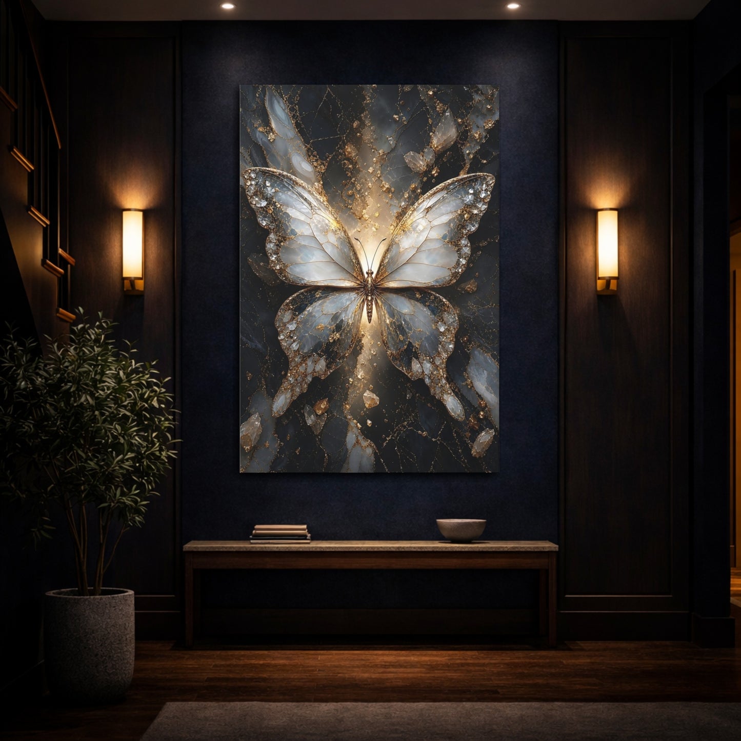 Mockup 4. Abstract Butterfly Gold And Gray shown as stretched canvas wall art