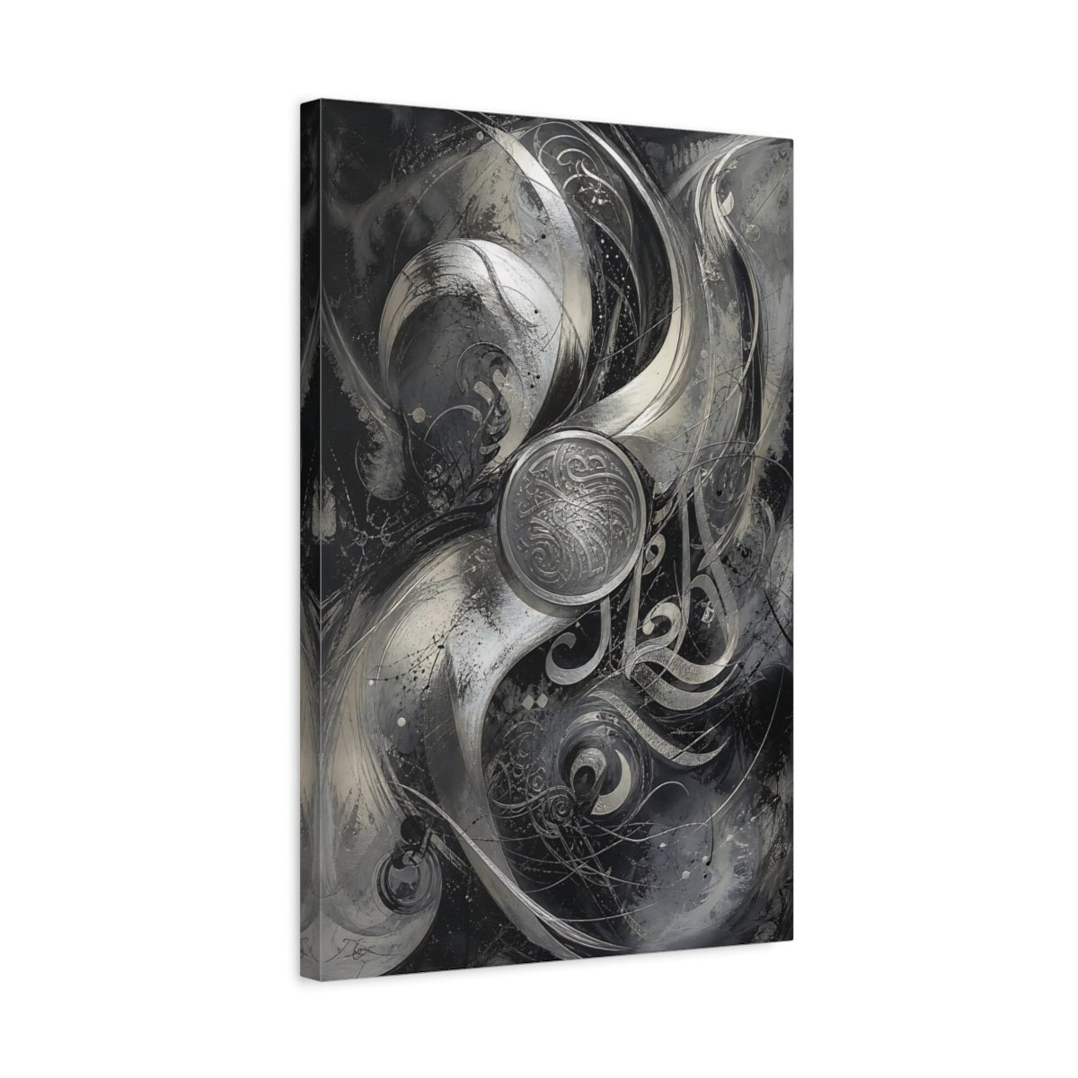 Abstract Calligraphy Black And Silver Canvas Wall Art Print – Living Room Decor, Above Sofa - YesArtYes
