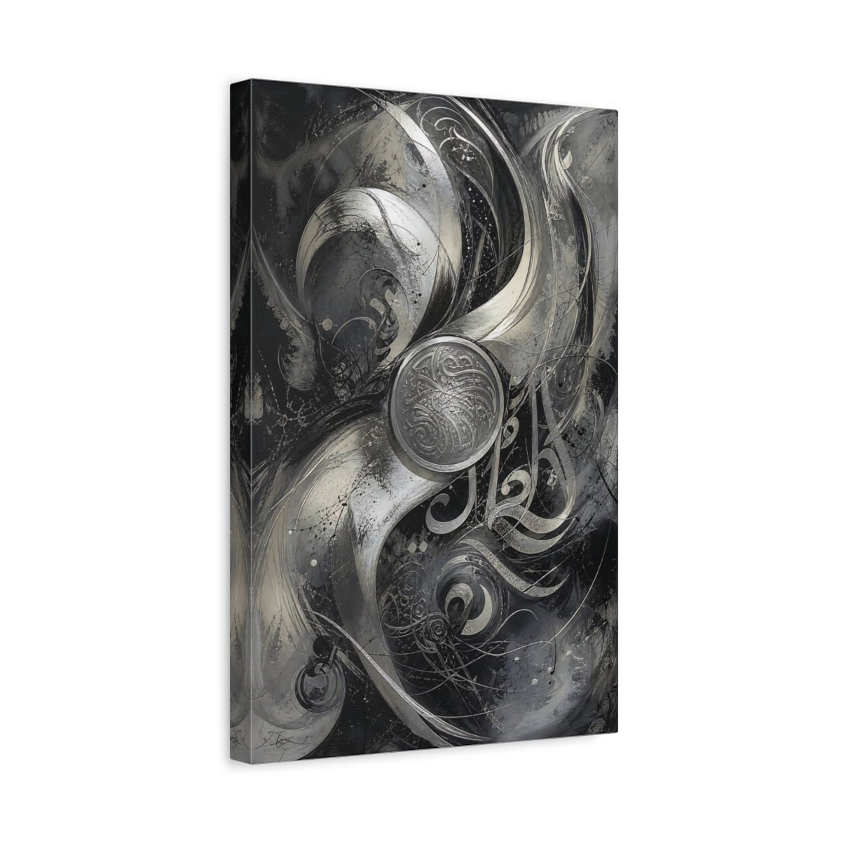 Abstract Calligraphy Black And Silver Canvas Wall Art Print – Living Room Decor, Above Sofa - YesArtYes