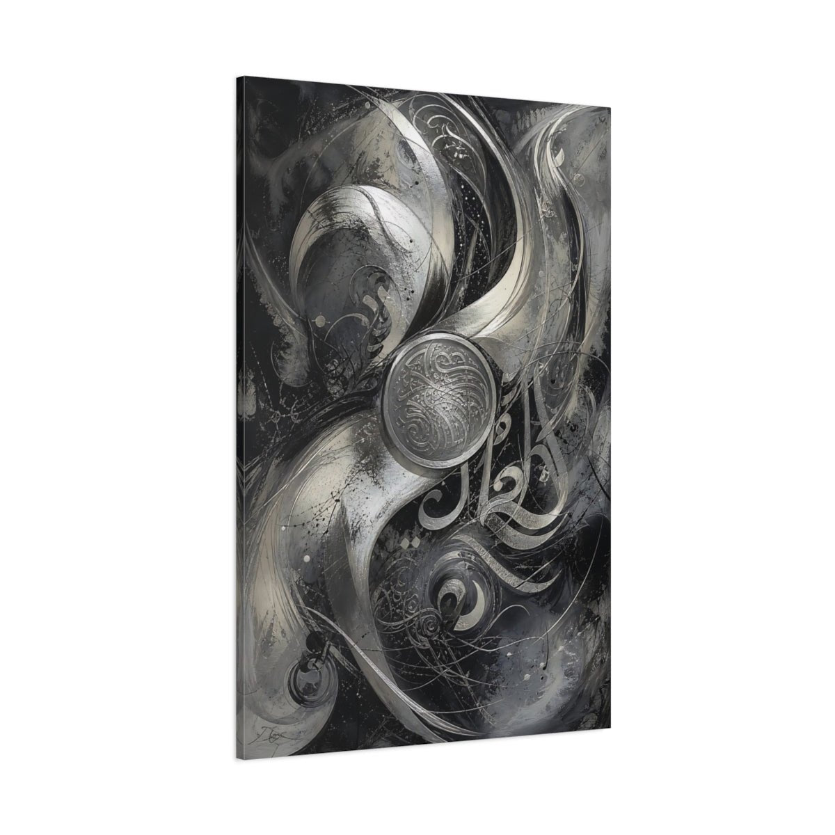 Abstract Calligraphy Black And Silver Canvas Wall Art Print – Living Room Decor, Above Sofa - YesArtYes