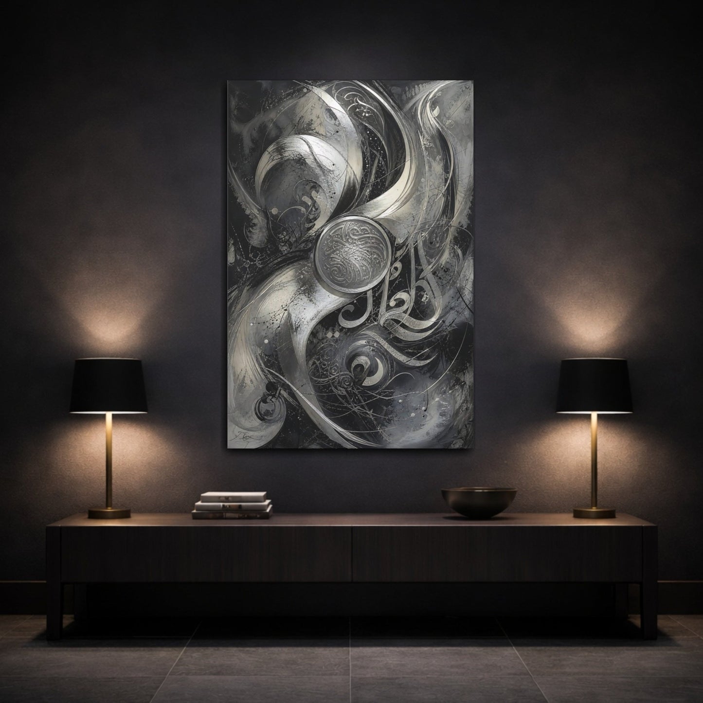 Abstract Calligraphy Black And Silver Canvas Wall Art Print – Living Room Decor, Above Sofa - YesArtYes