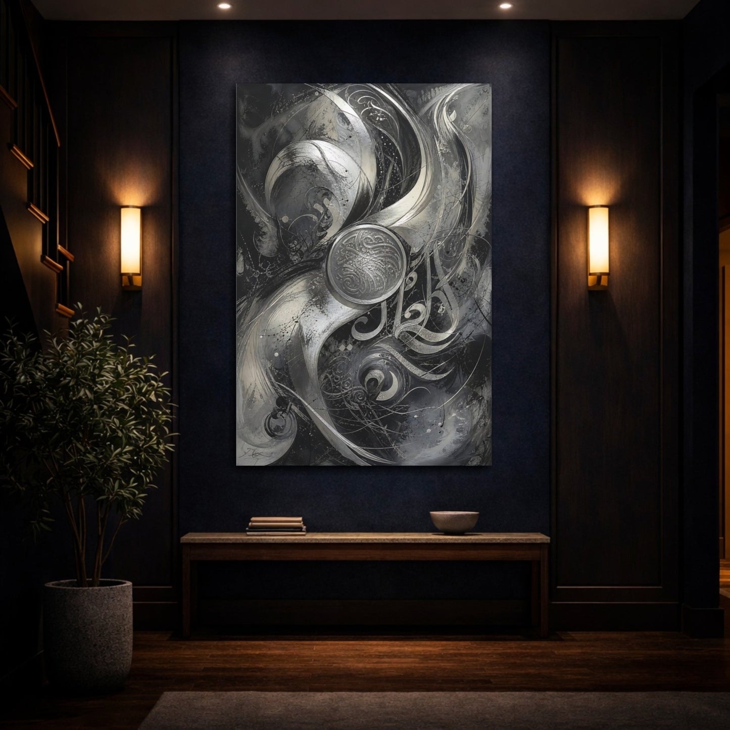 Abstract Calligraphy Black And Silver Canvas Wall Art Print – Living Room Decor, Above Sofa - YesArtYes