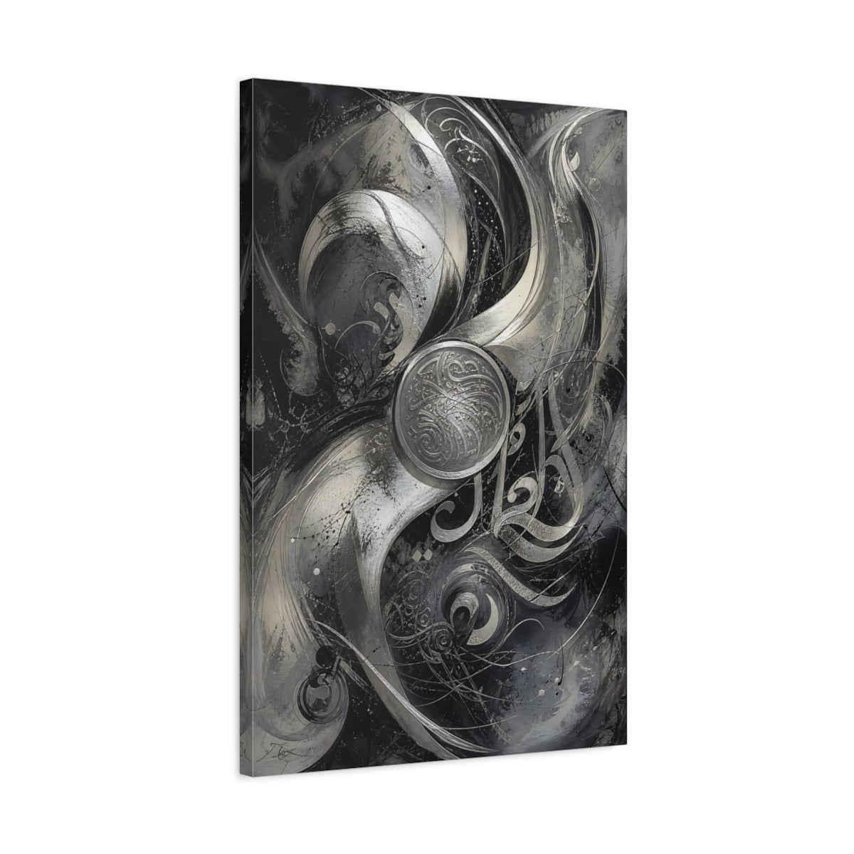 Abstract Calligraphy Black And Silver Canvas Wall Art Print – Living Room Decor, Above Sofa - YesArtYes