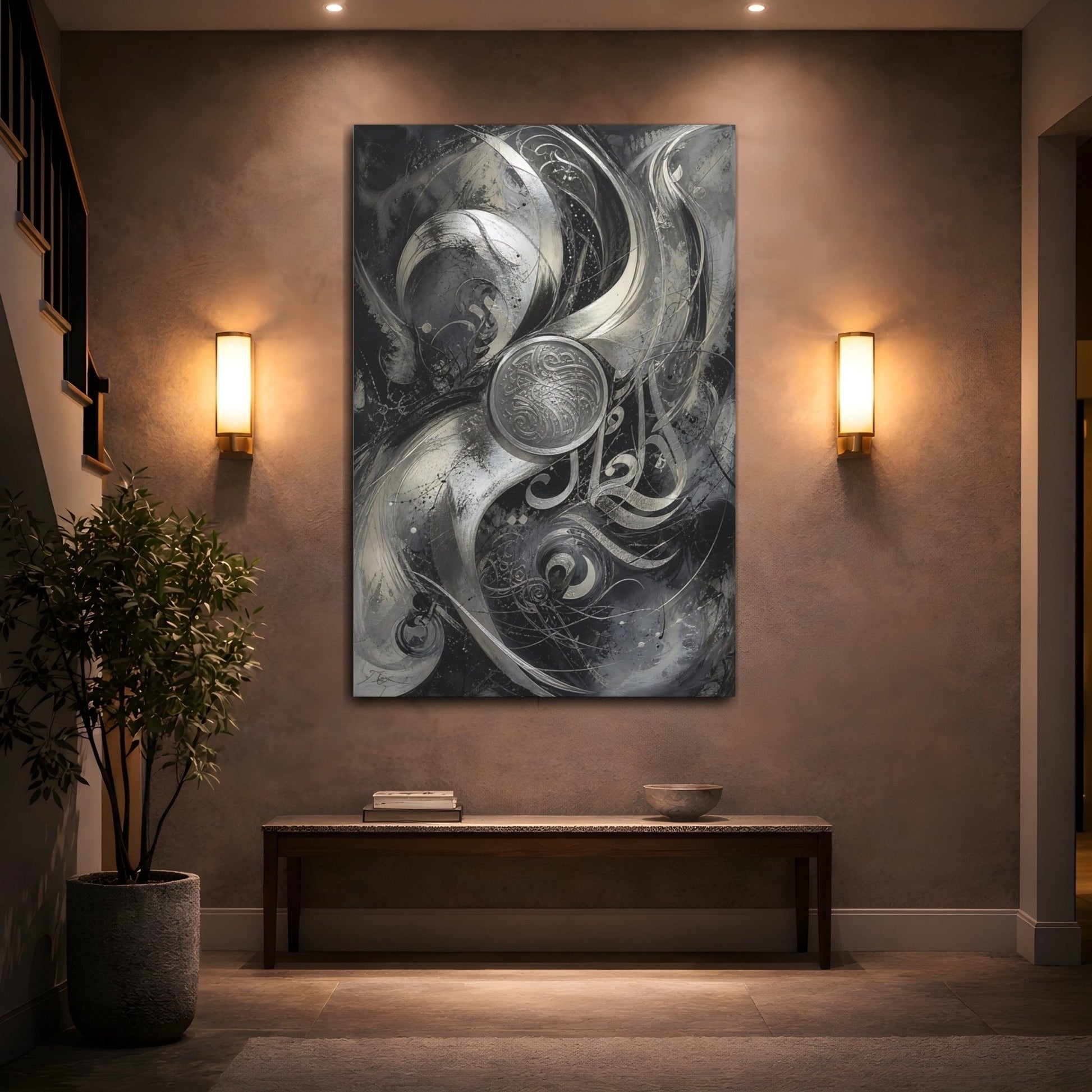 Abstract Calligraphy Black And Silver Canvas Wall Art Print – Living Room Decor, Above Sofa - YesArtYes