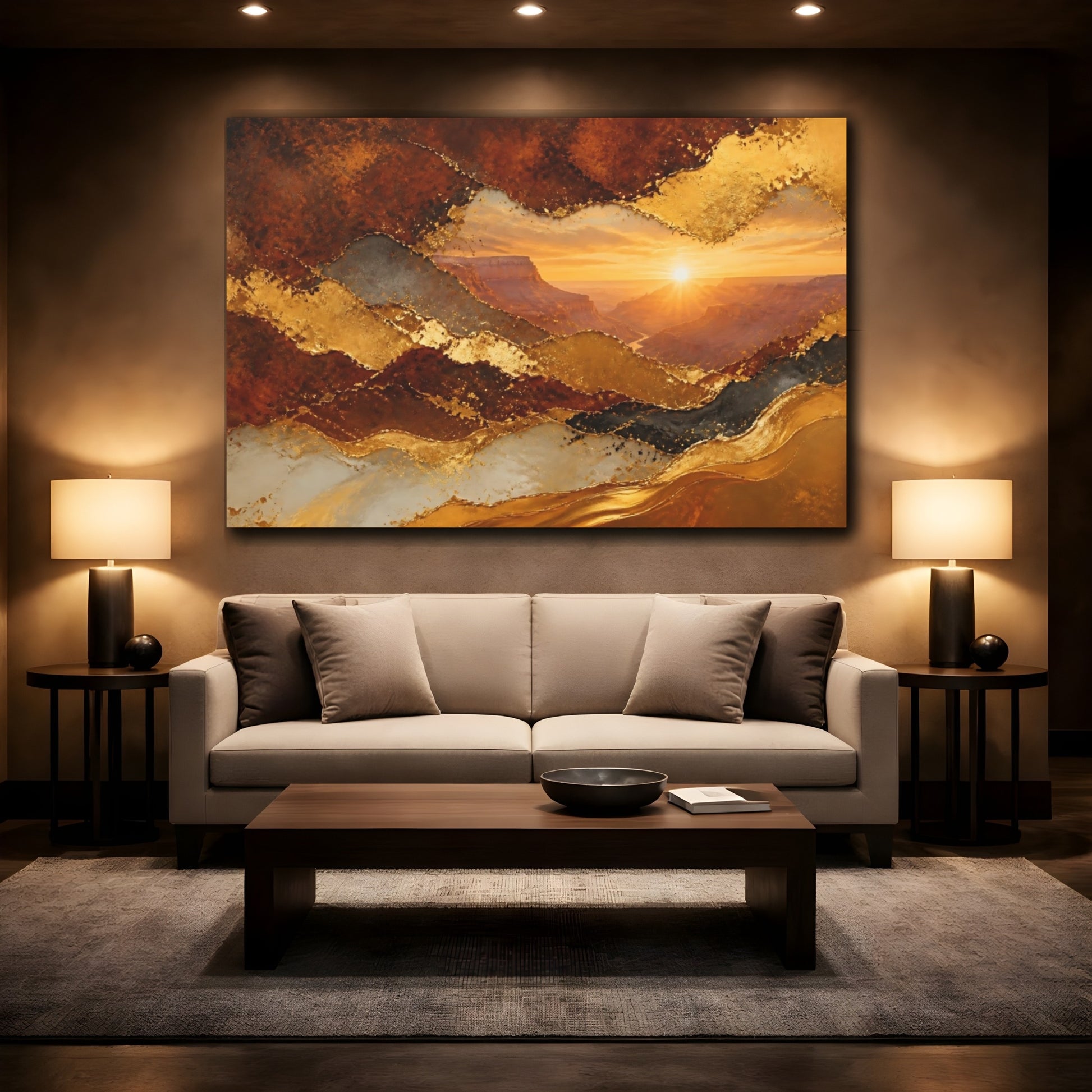 Mockup 2. Abstract Canyon Sunrise shown as canvas print