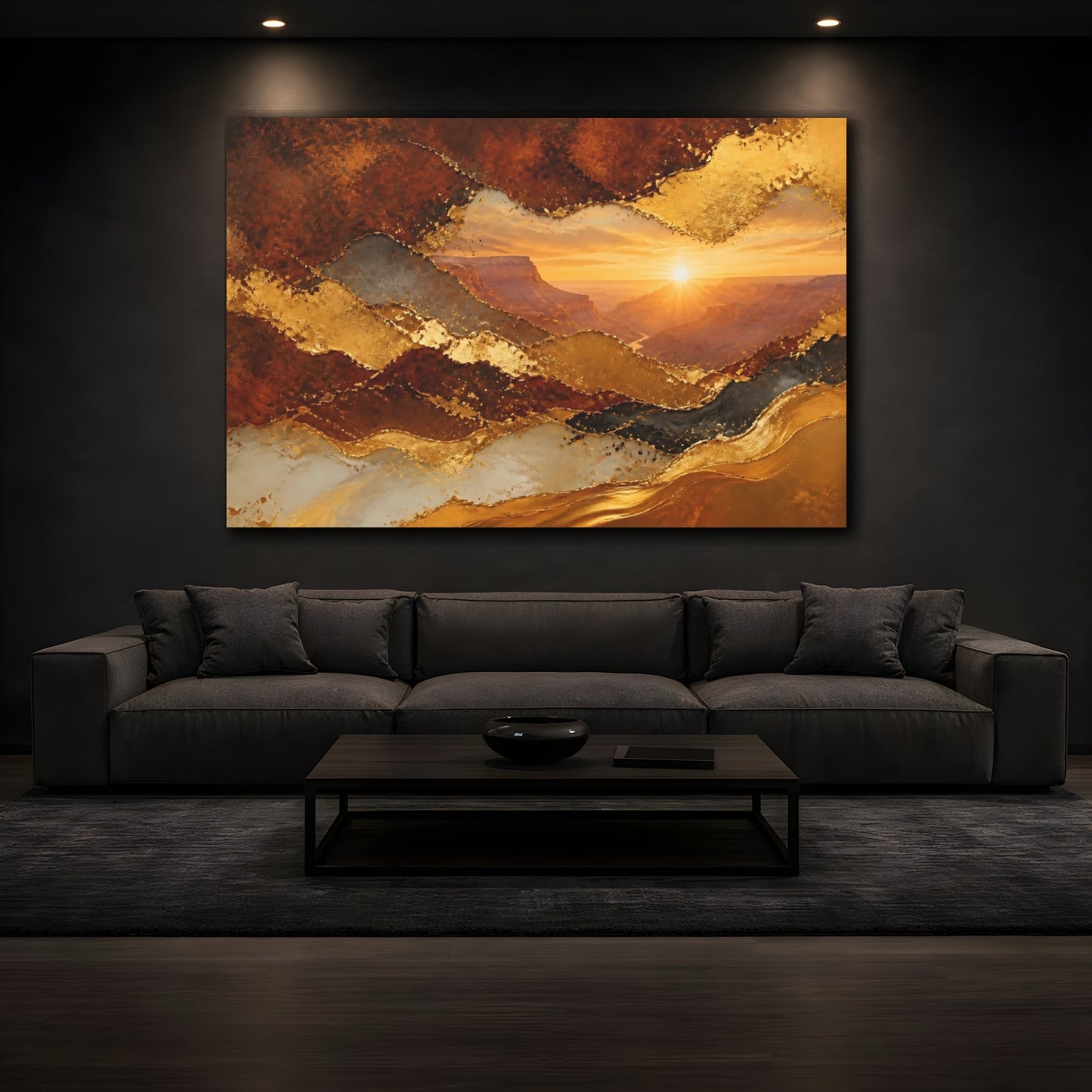 Mockup 3. Abstract Canyon Sunrise shown as canvas print