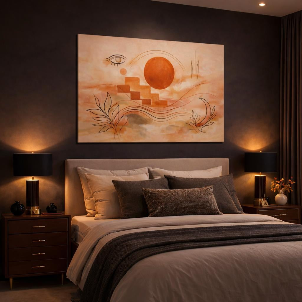 Abstract Celestial Abstract Terracotta Abstract shown as canvas wall art in a luxury bedroom