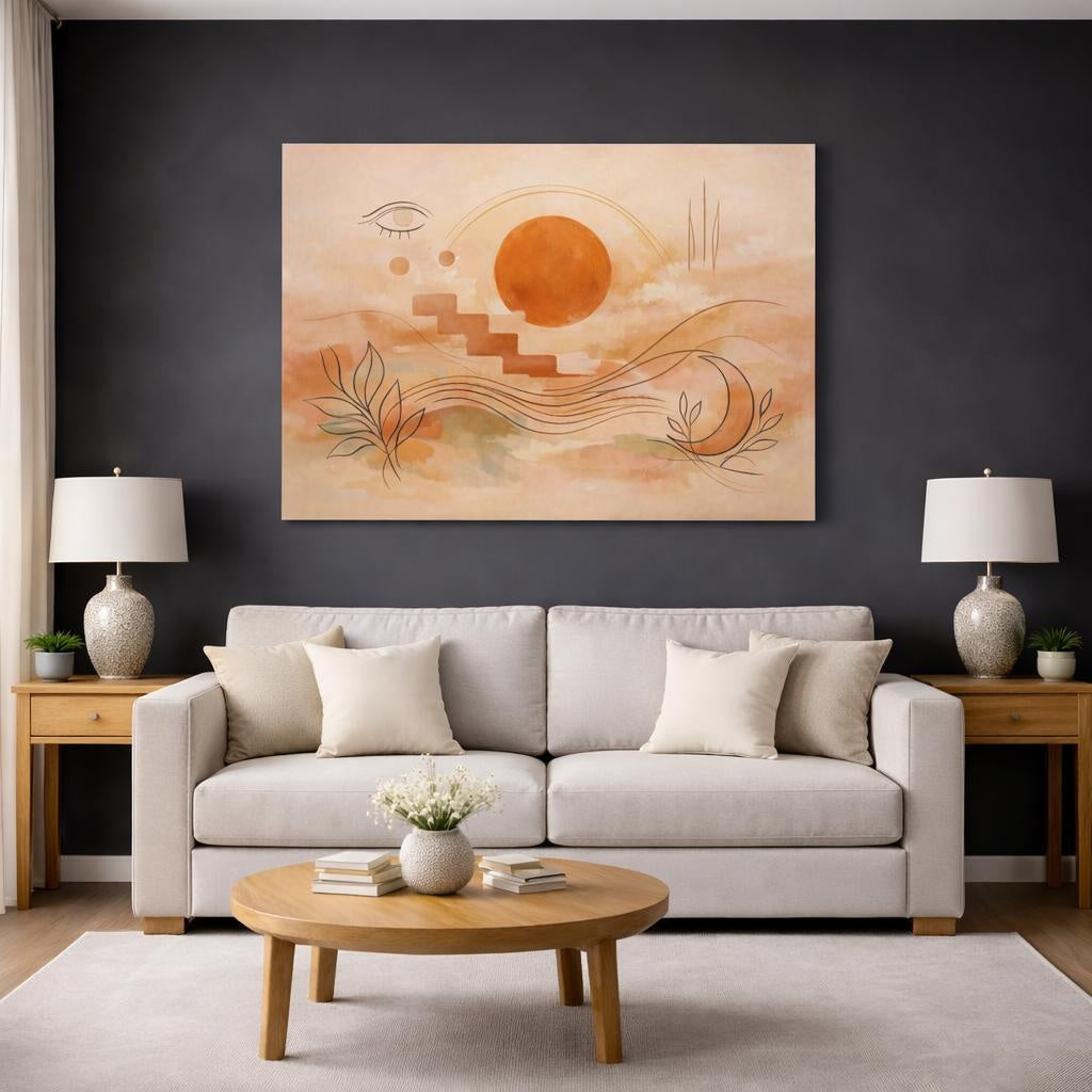 Abstract Celestial Abstract Terracotta Abstract shown as canvas wall art in a modern living room