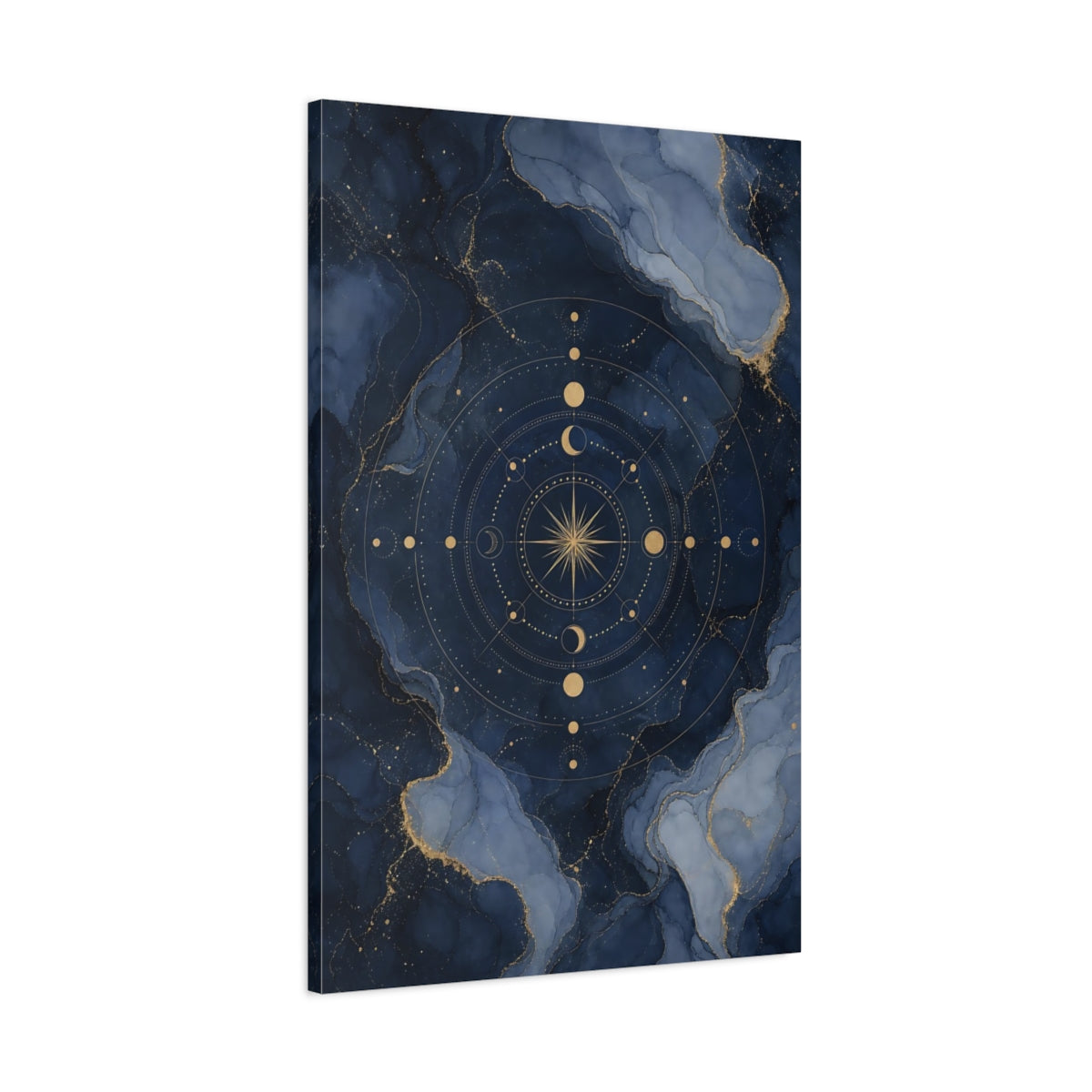 Main Mockup. Abstract Celestial Compass Blue And Gold shown as stretched canvas wall art