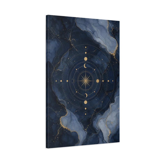 Main Mockup. Abstract Celestial Compass Blue And Gold shown as stretched canvas wall art