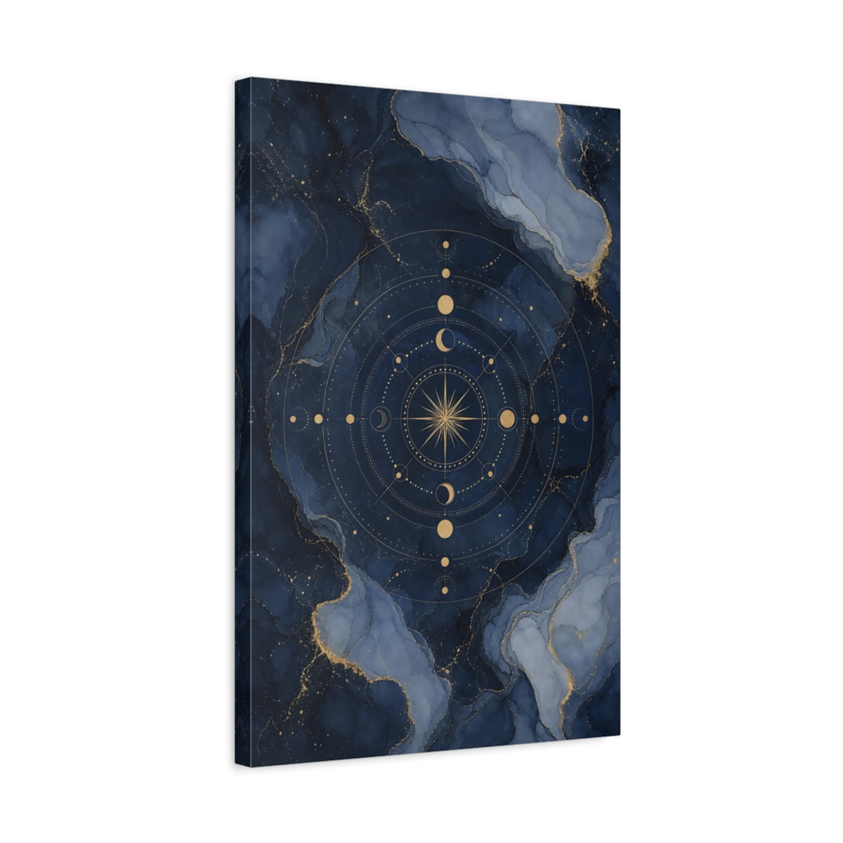 Side Mockup 3. Abstract Celestial Compass Blue And Gold shown as stretched canvas wall art