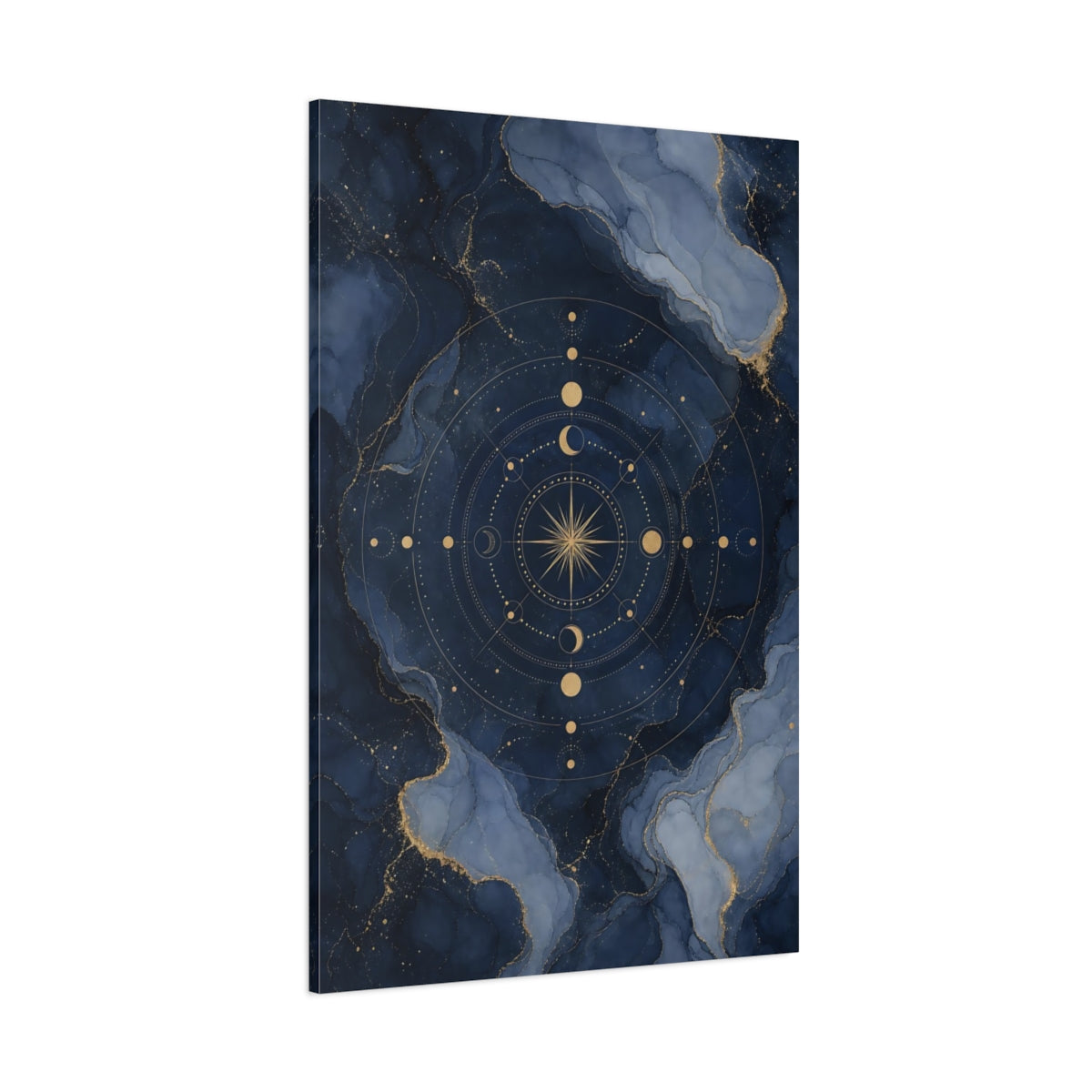 Side Mockup 1. Abstract Celestial Compass Blue And Gold shown as stretched canvas wall art