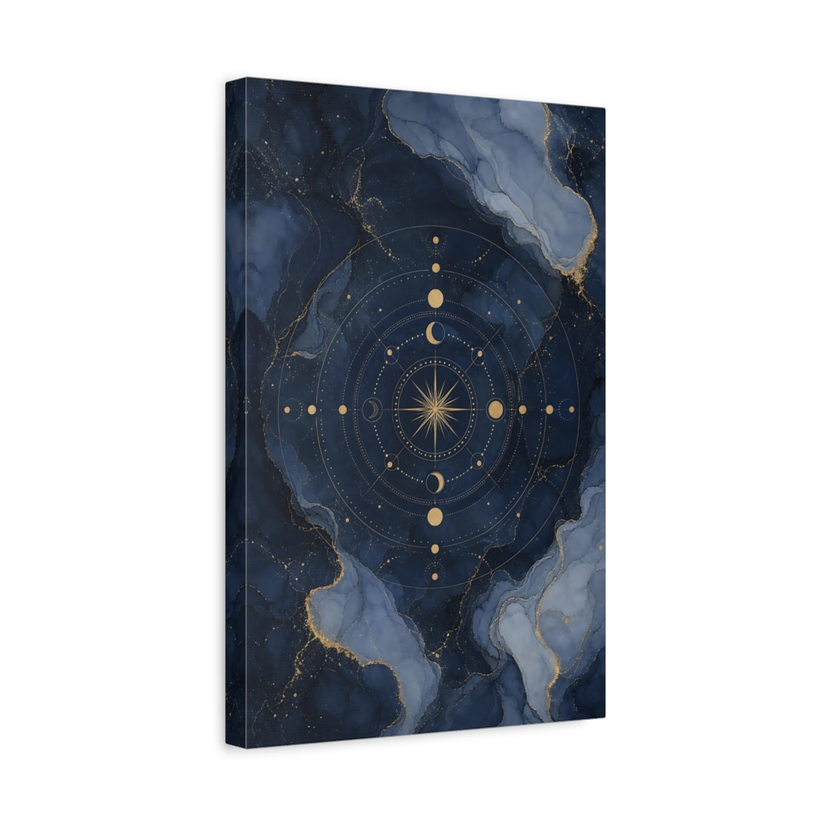 Side Mockup 4. Abstract Celestial Compass Blue And Gold shown as stretched canvas wall art