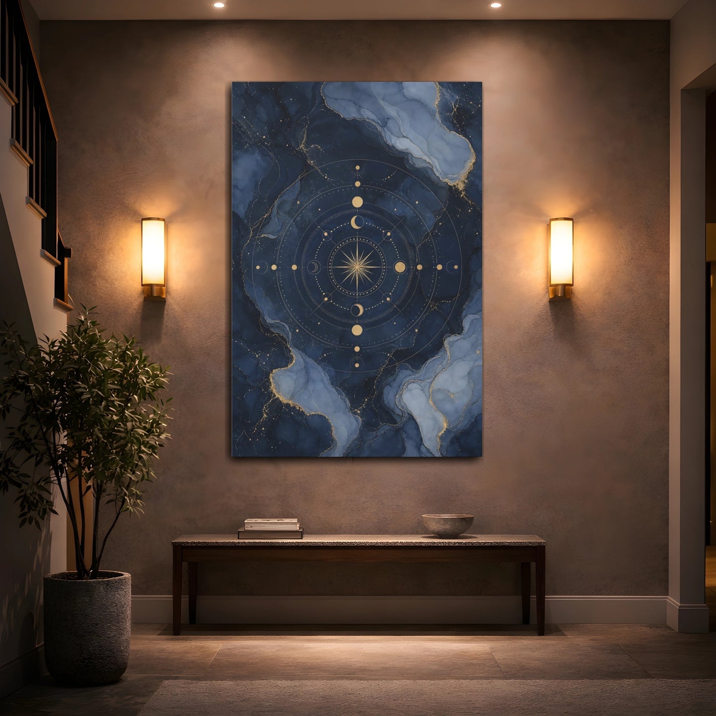 Mockup 2. Abstract Celestial Compass Blue And Gold shown as stretched canvas wall art