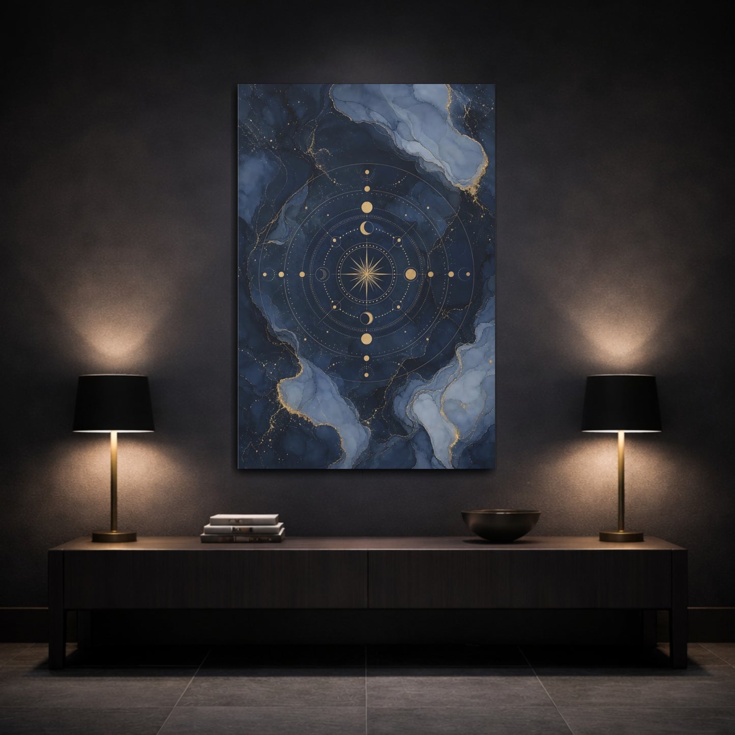 Mockup 3. Abstract Celestial Compass Blue And Gold shown as stretched canvas wall art
