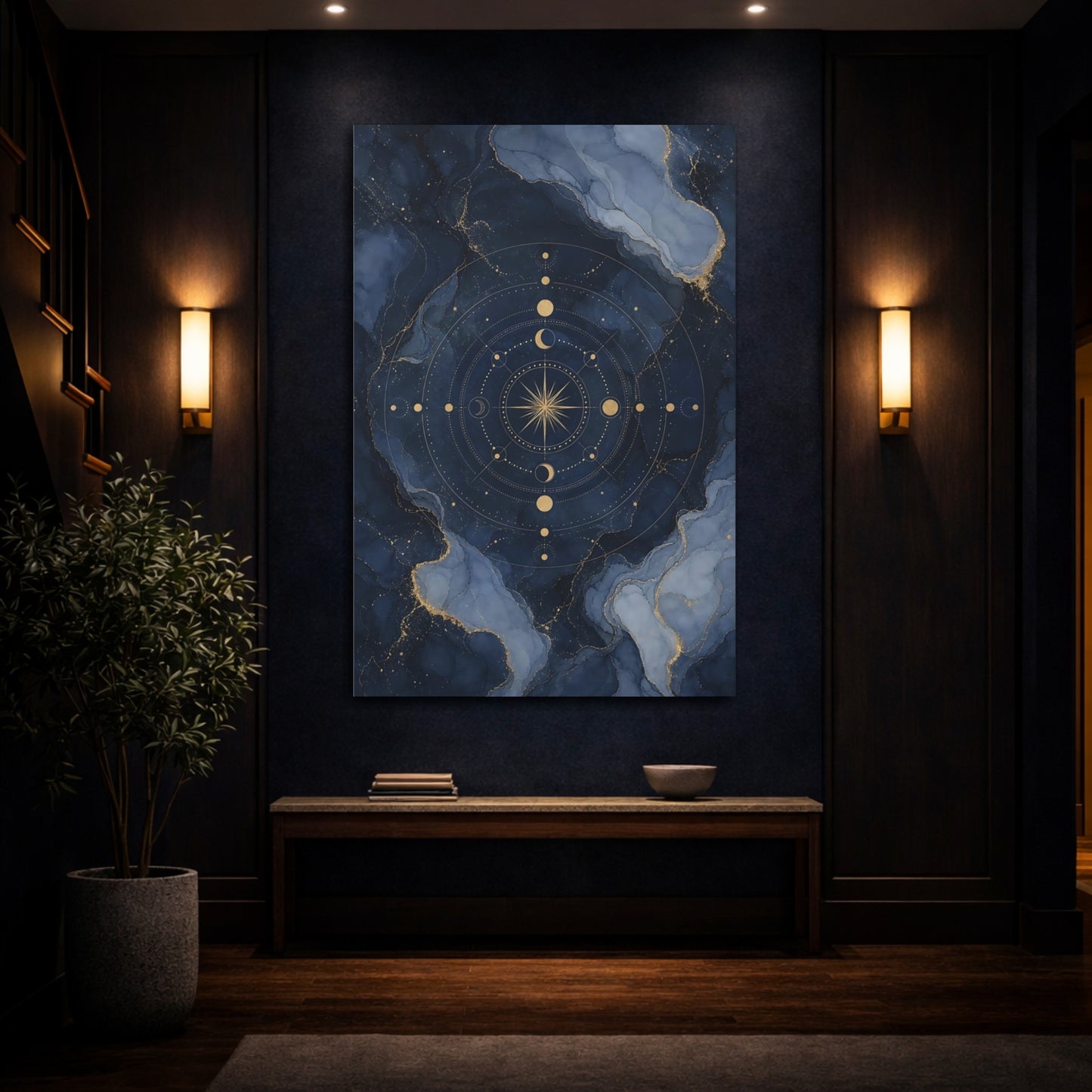 Mockup 4. Abstract Celestial Compass Blue And Gold shown as stretched canvas wall art