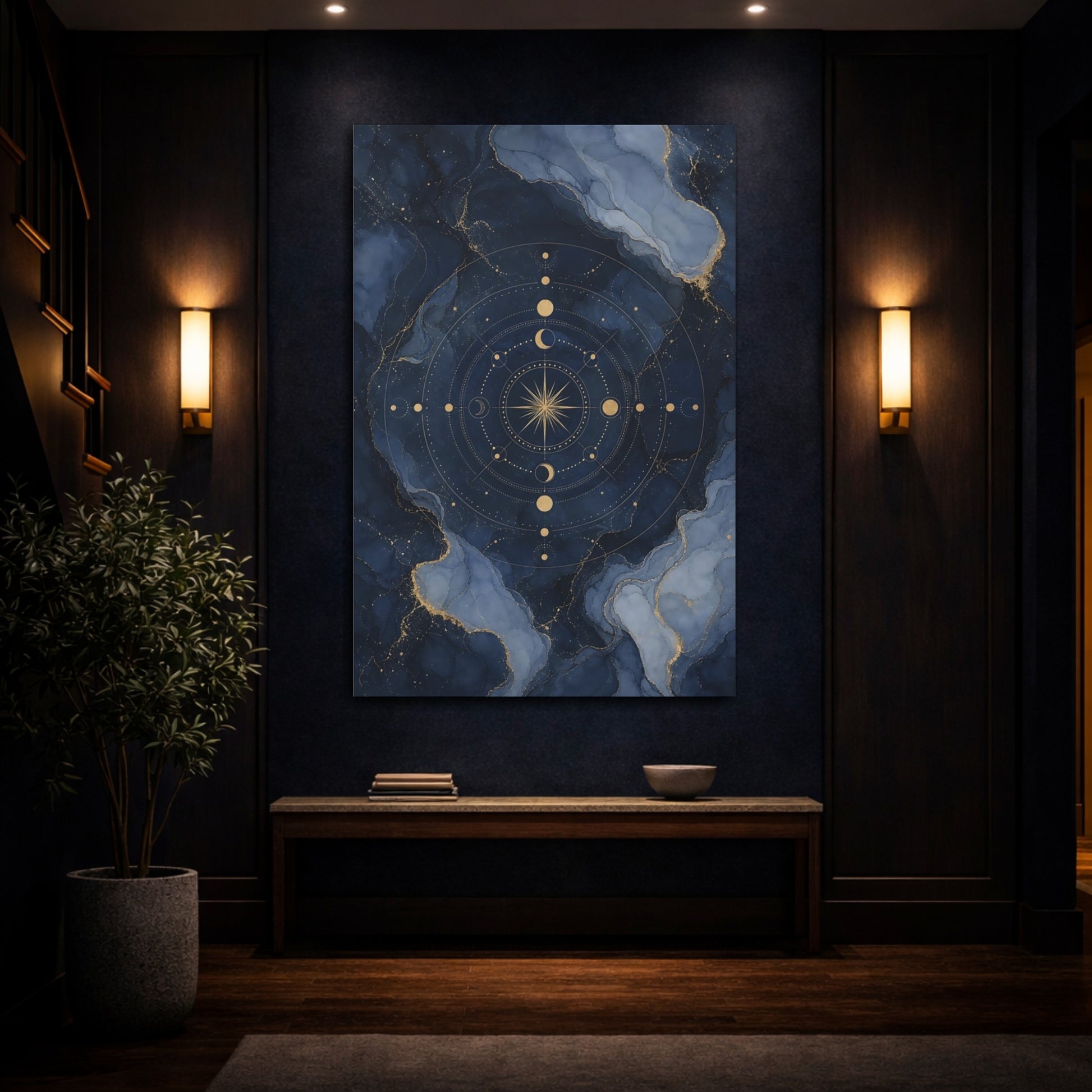Mockup 4. Abstract Celestial Compass Blue And Gold shown as stretched canvas wall art