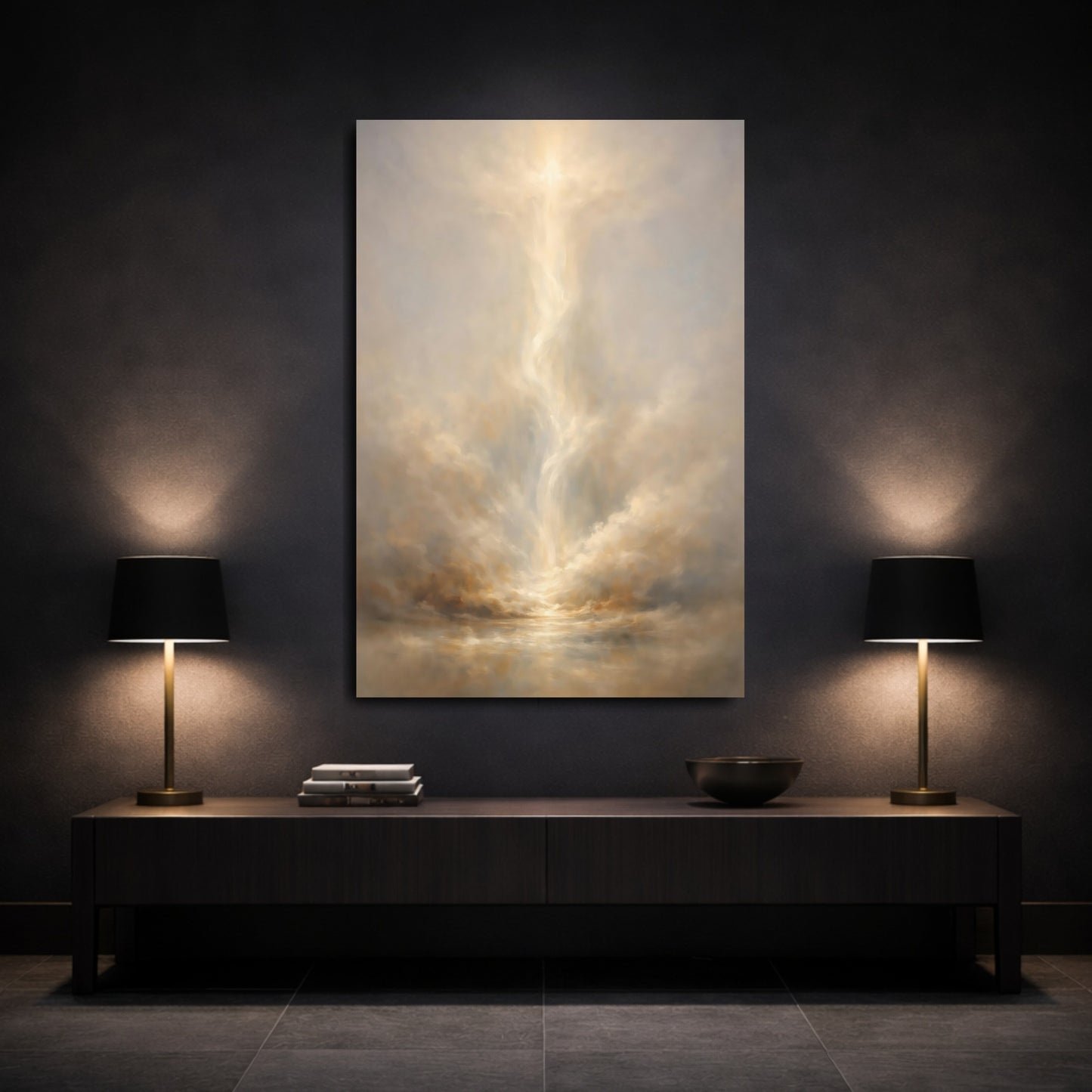 Mockup 2. Abstract Celestial Light Golden Clouds shown as stretched canvas wall art