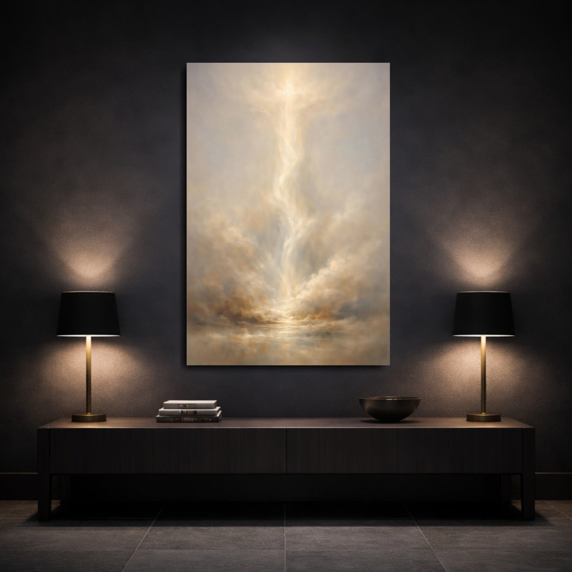 Mockup 2. Abstract Celestial Light Golden Clouds shown as stretched canvas wall art