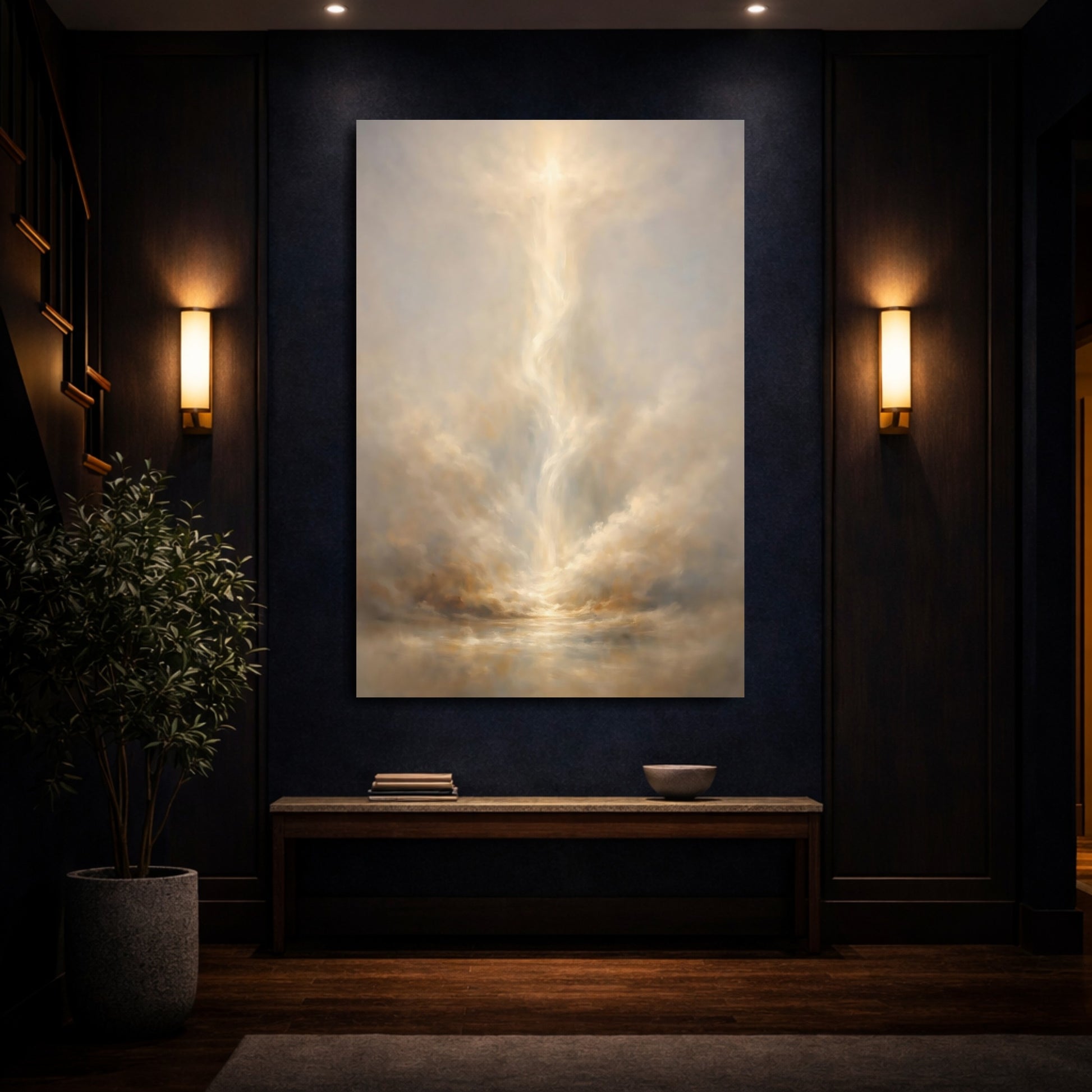 Mockup 3. Abstract Celestial Light Golden Clouds shown as stretched canvas wall art