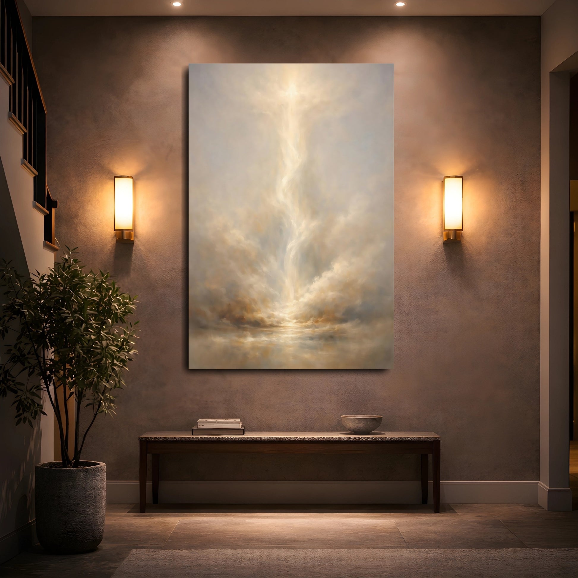 Mockup 4. Abstract Celestial Light Golden Clouds shown as stretched canvas wall art