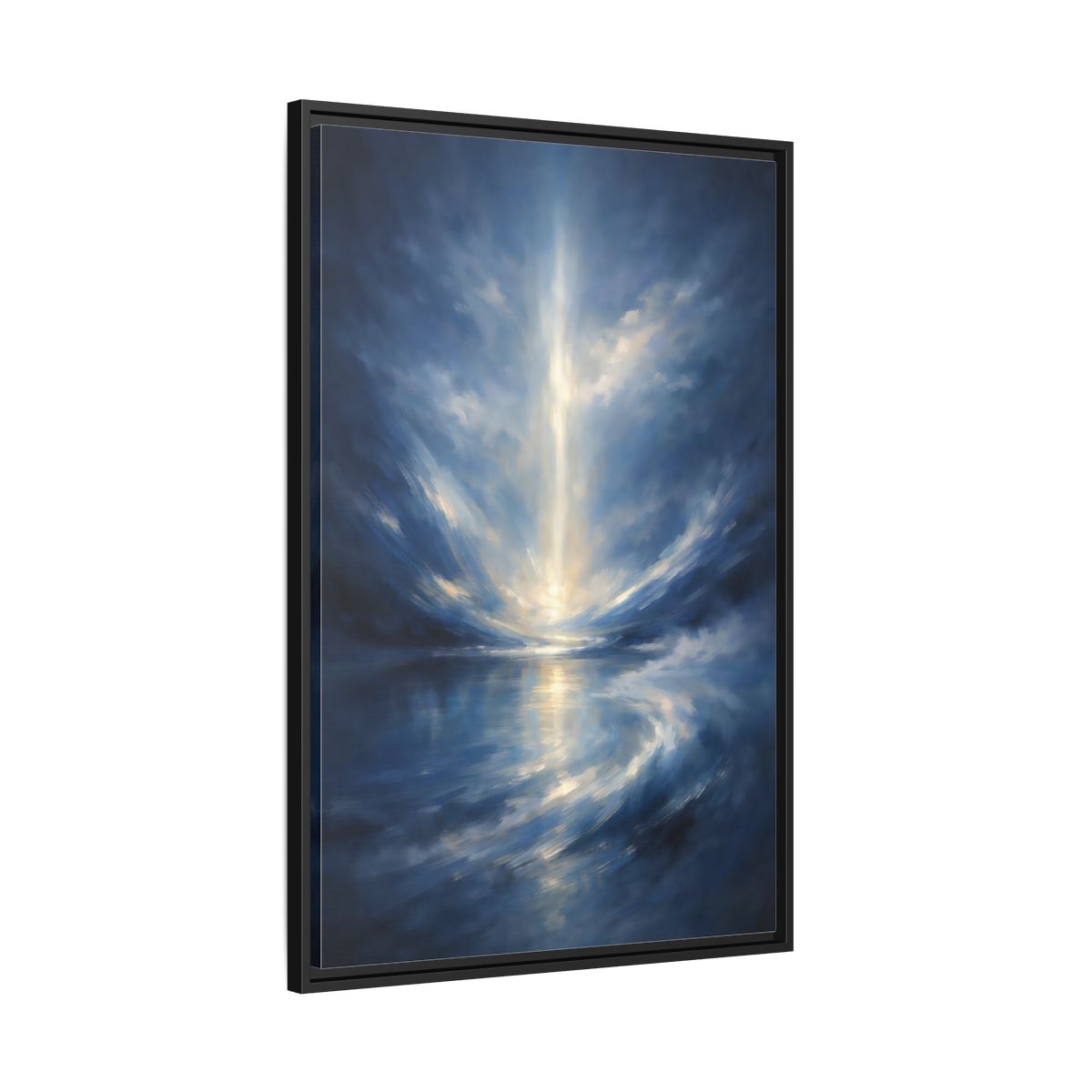 Side Mockup 13. Abstract Celestial Light Luminous Blue shown as stretched canvas wall art