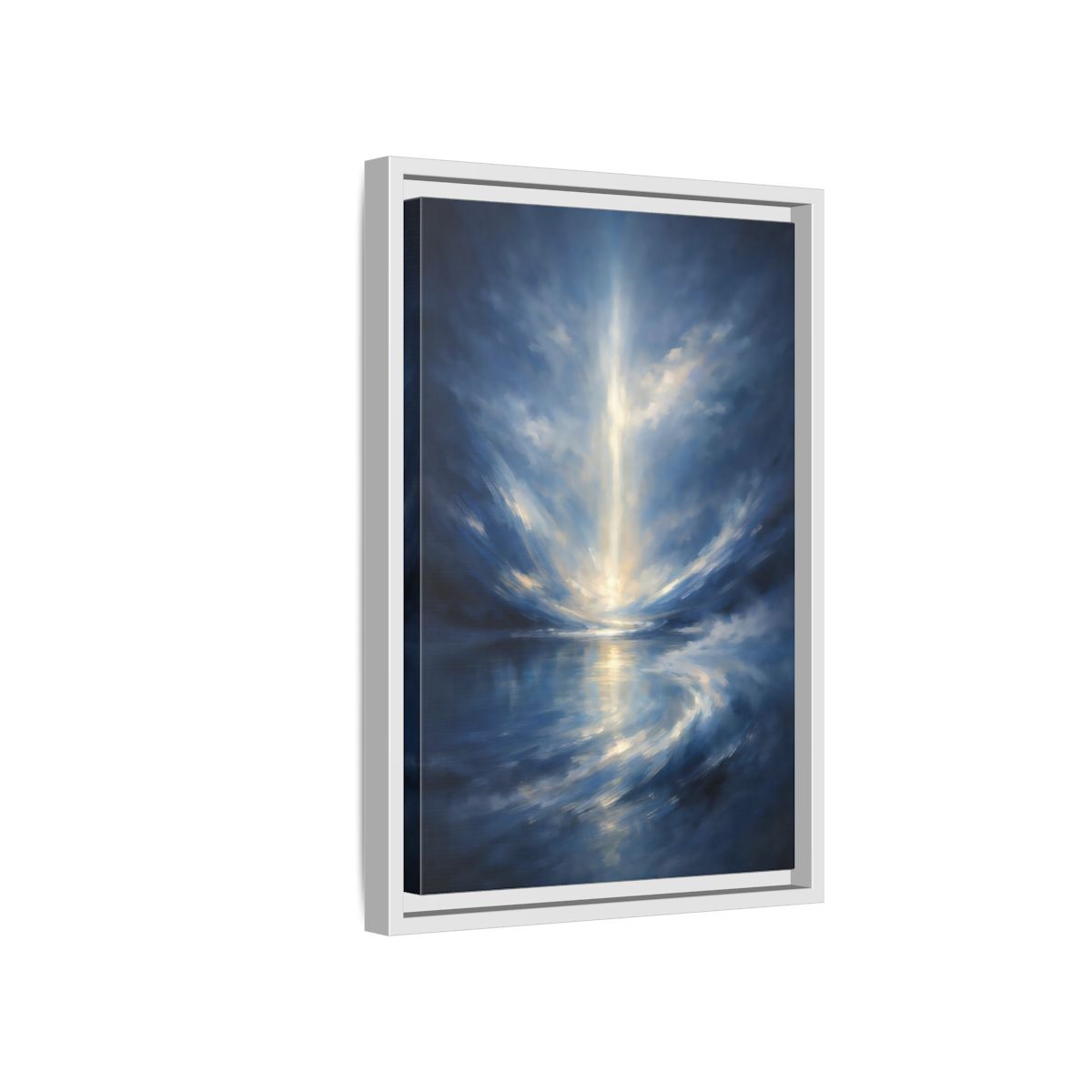 Side Mockup 4. Abstract Celestial Light Luminous Blue shown as stretched canvas wall art