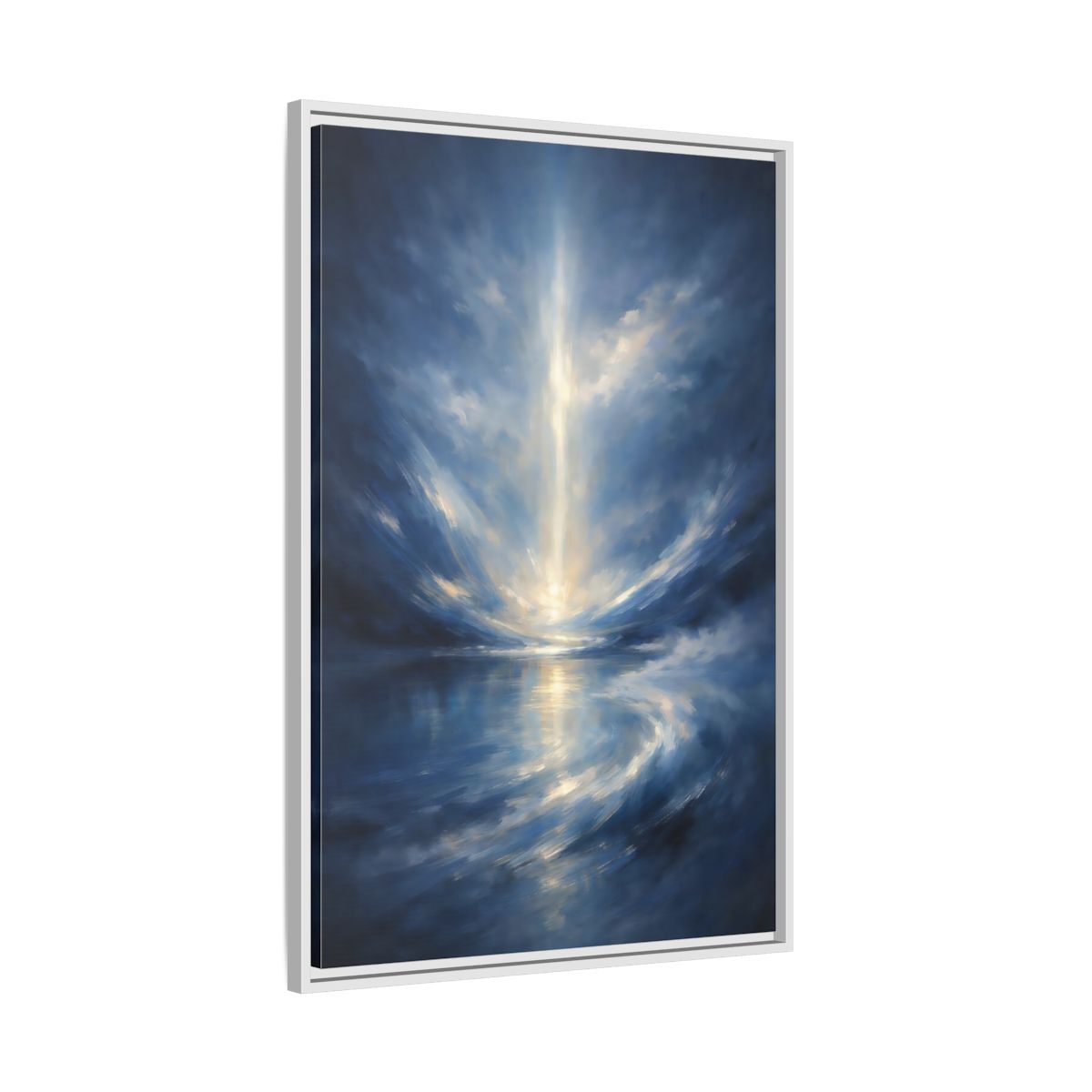 Side Mockup 9. Abstract Celestial Light Luminous Blue shown as stretched canvas wall art