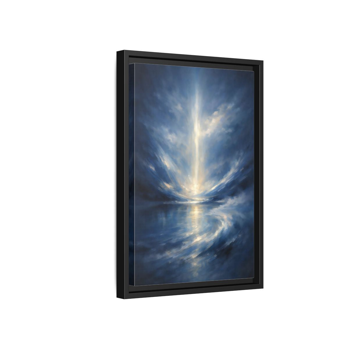 Side Mockup 6. Abstract Celestial Light Luminous Blue shown as stretched canvas wall art