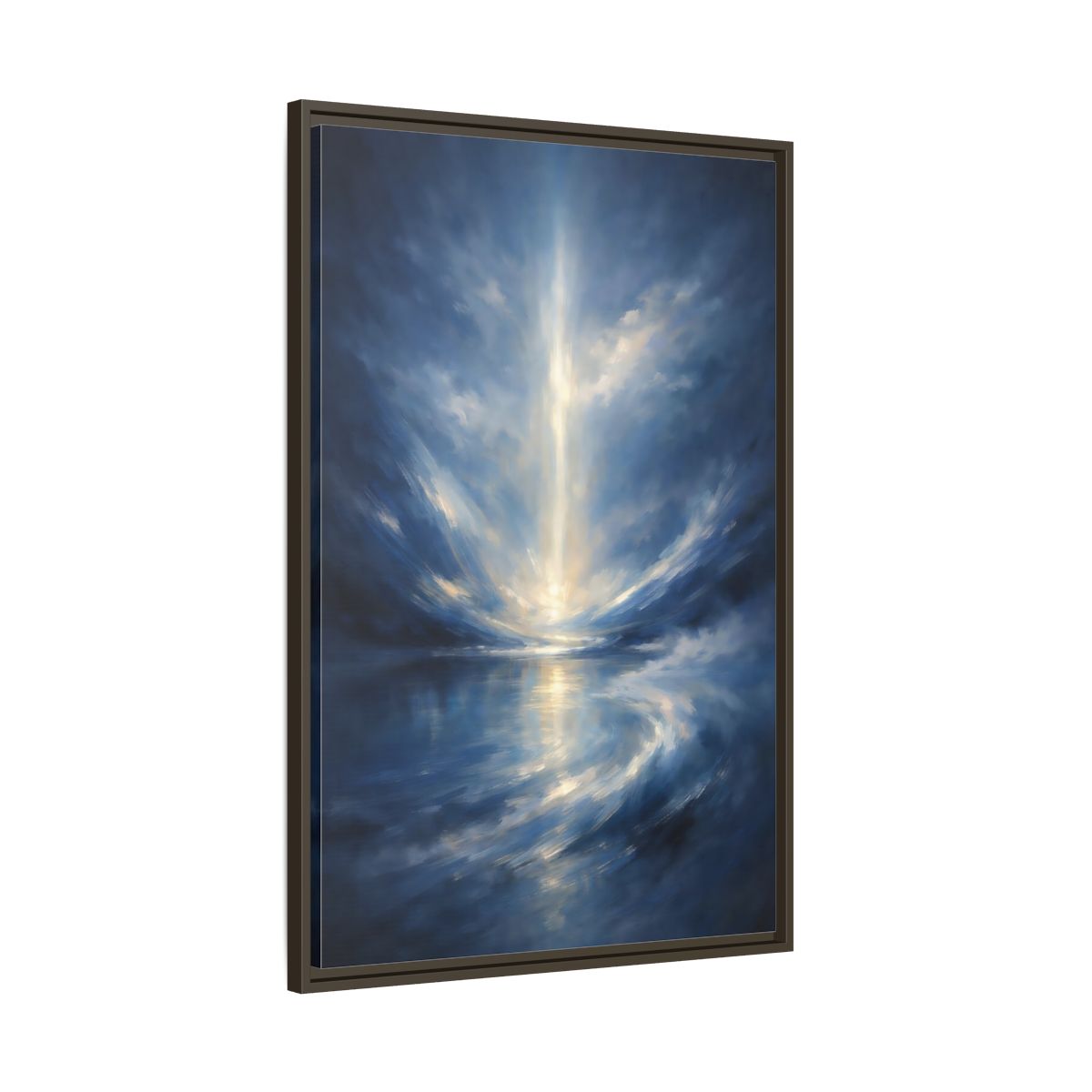 Side Mockup 10. Abstract Celestial Light Luminous Blue shown as stretched canvas wall art