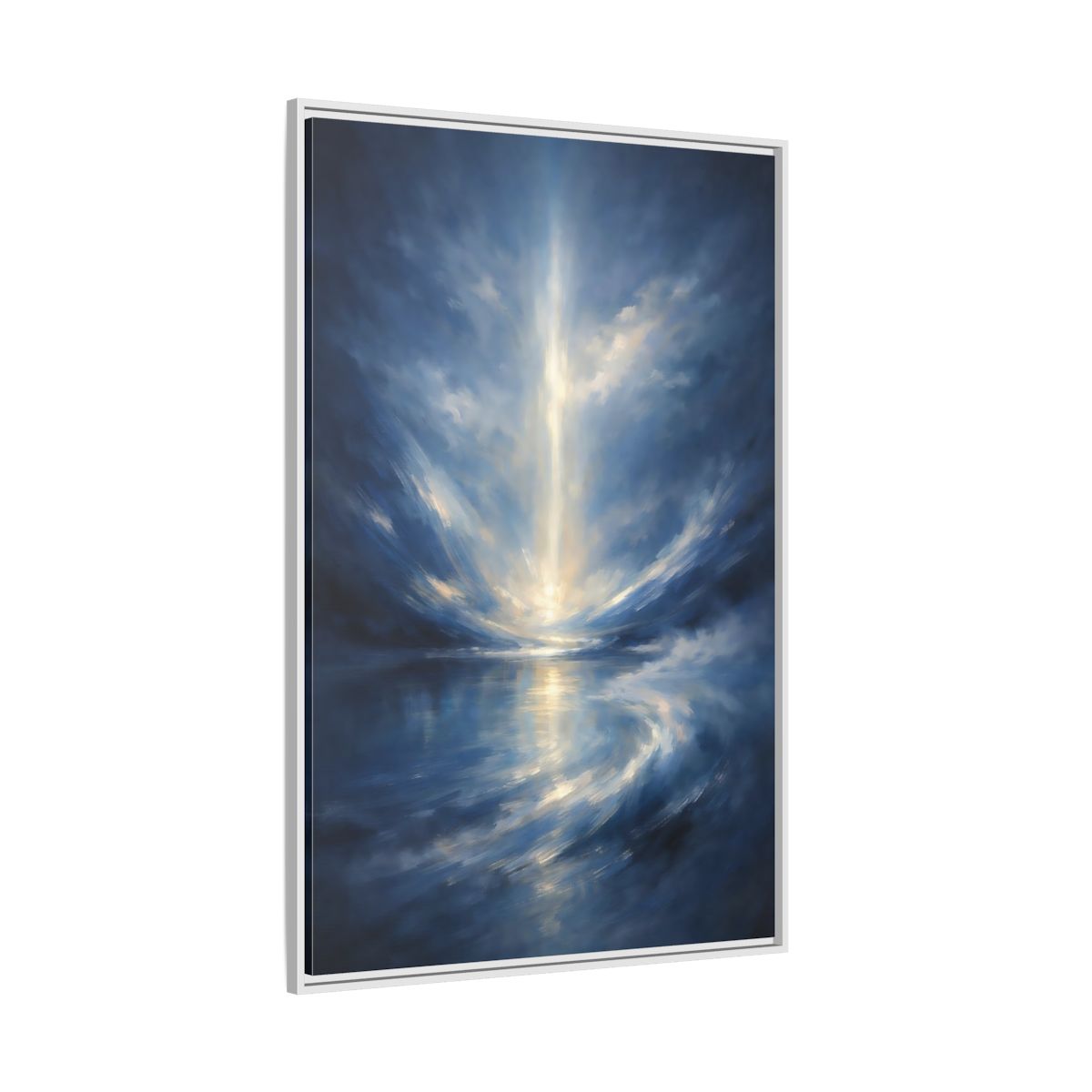 Side Mockup 7. Abstract Celestial Light Luminous Blue shown as stretched canvas wall art