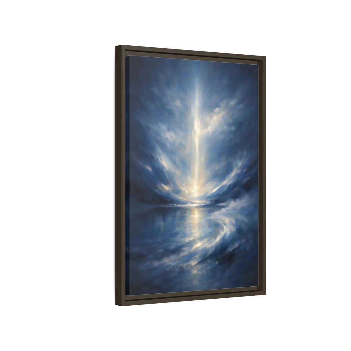 Side Mockup 2. Abstract Celestial Light Luminous Blue shown as stretched canvas wall art