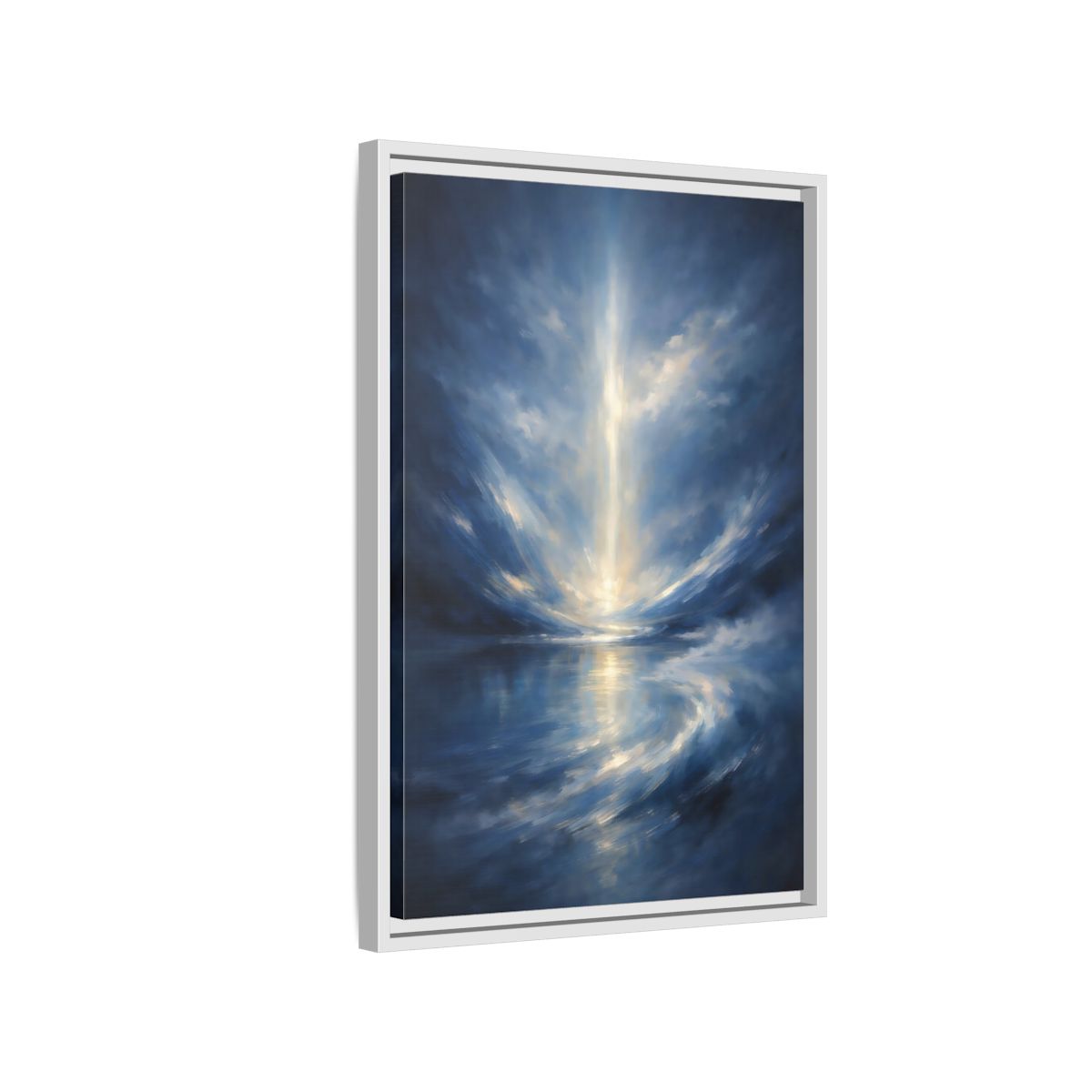 Side Mockup 1. Abstract Celestial Light Luminous Blue shown as stretched canvas wall art