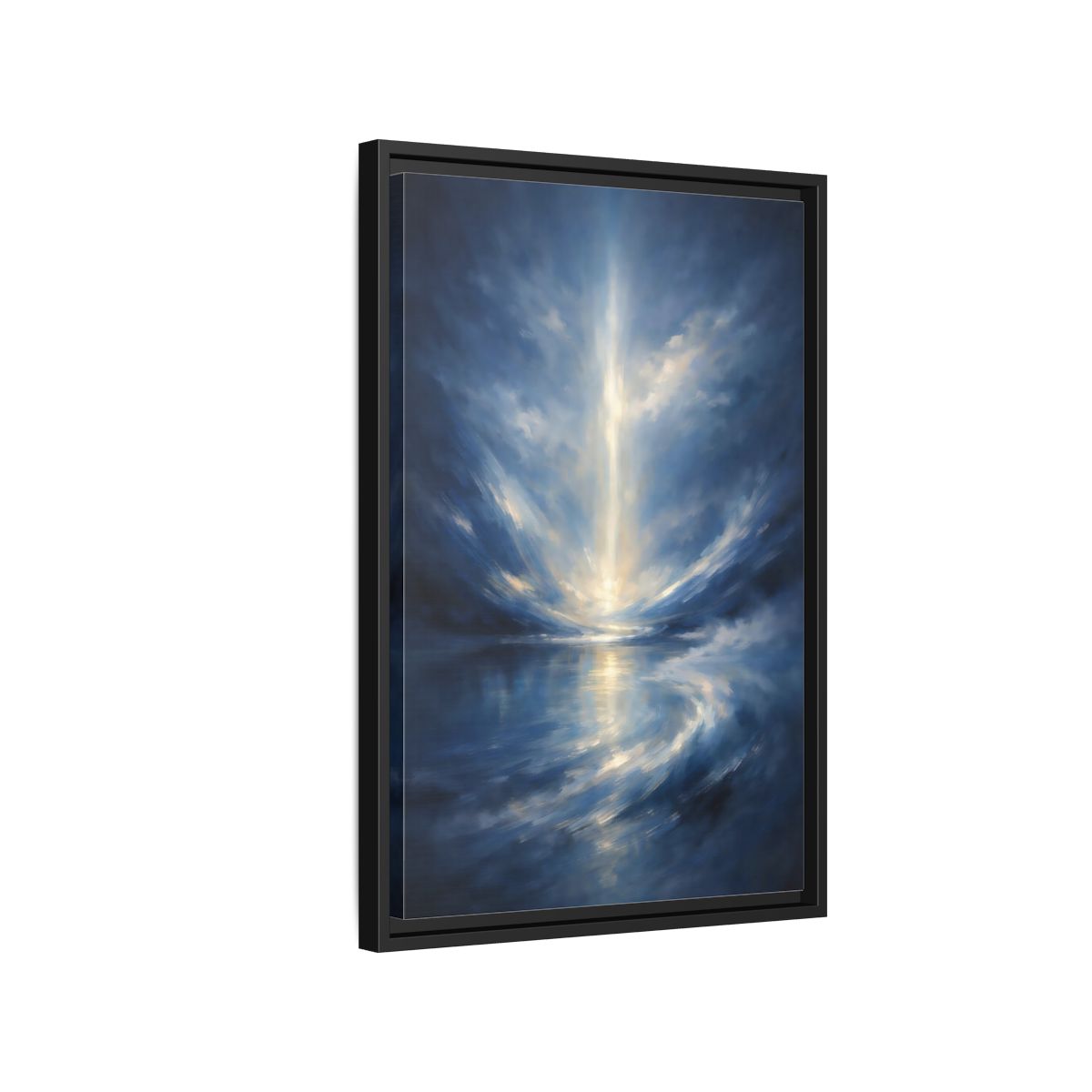 Side Mockup 3. Abstract Celestial Light Luminous Blue shown as stretched canvas wall art