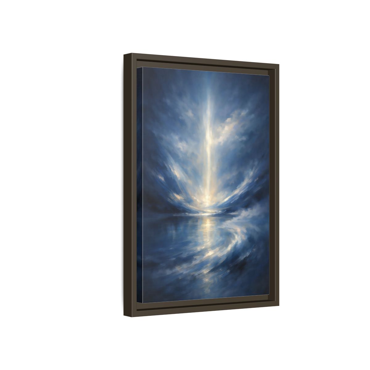 Side Mockup 5. Abstract Celestial Light Luminous Blue shown as stretched canvas wall art