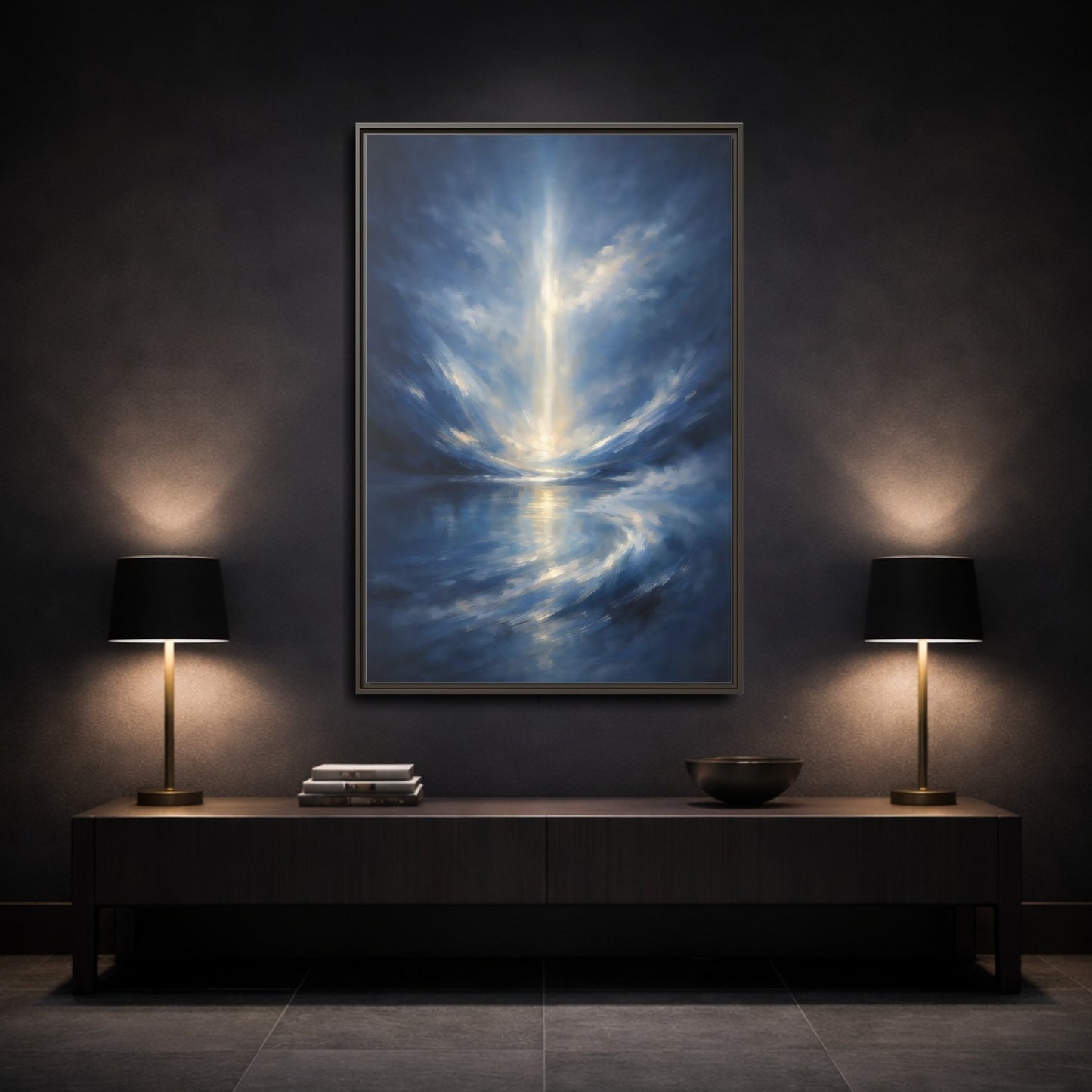 Mockup 2. Abstract Celestial Light Luminous Blue shown as stretched canvas wall art