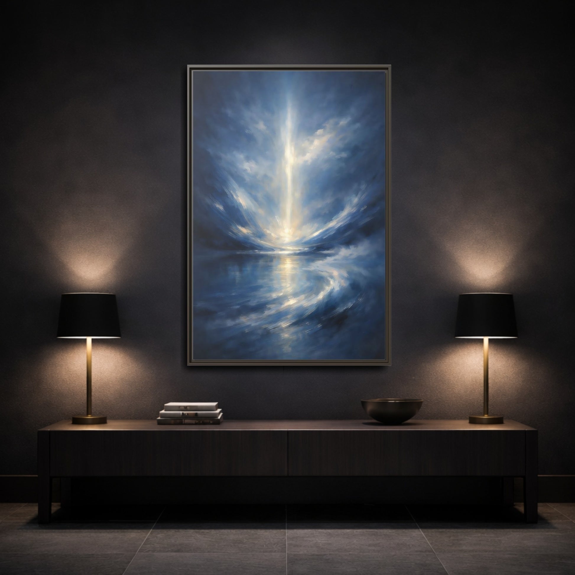 Mockup 2. Abstract Celestial Light Luminous Blue shown as stretched canvas wall art