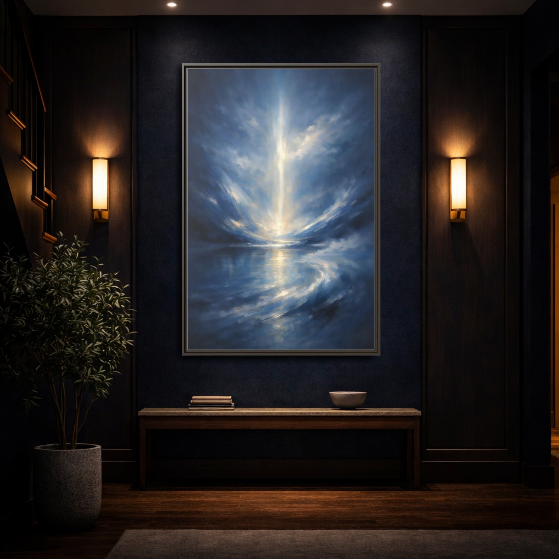 Mockup 3. Abstract Celestial Light Luminous Blue shown as stretched canvas wall art