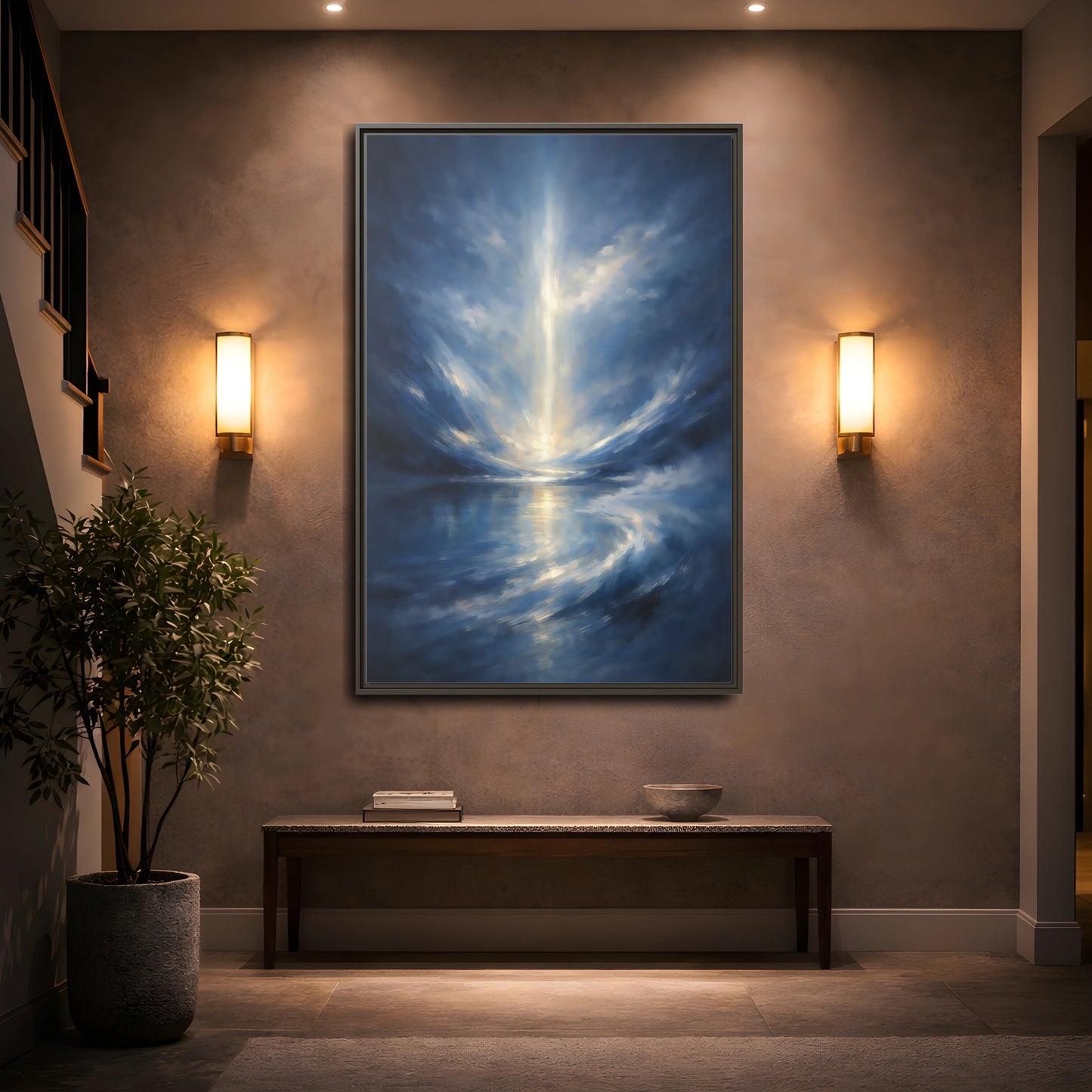 Mockup 4. Abstract Celestial Light Luminous Blue shown as stretched canvas wall art