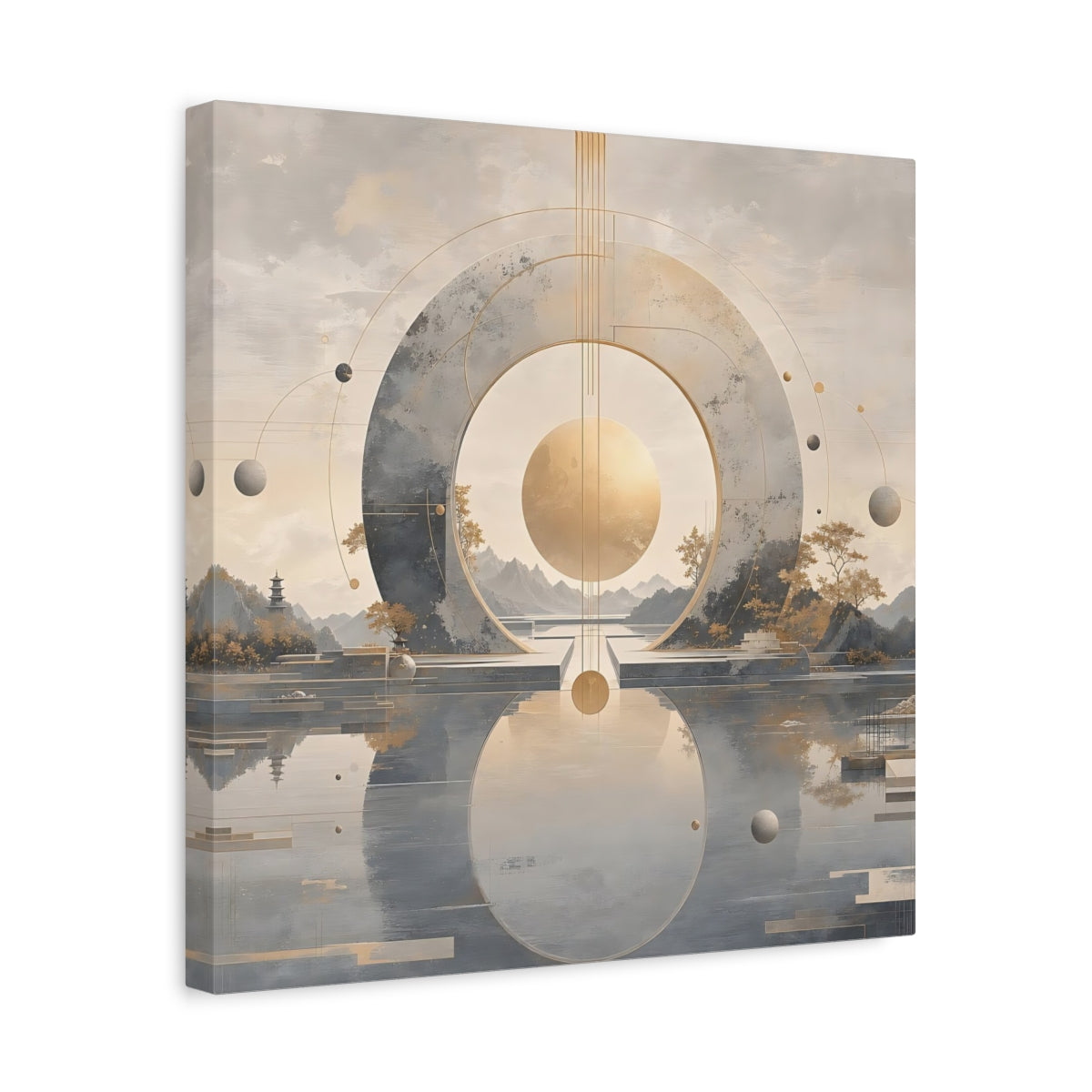 Side Mockup 6. Abstract Celestial Sphere Golden Sphere shown as stretched canvas wall art