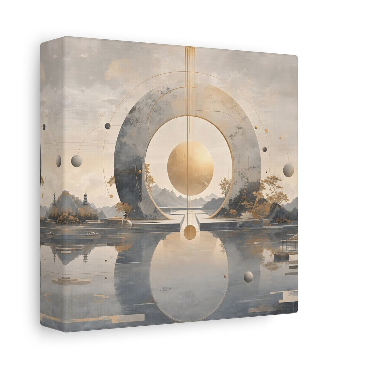 Side Mockup 2. Abstract Celestial Sphere Golden Sphere shown as stretched canvas wall art